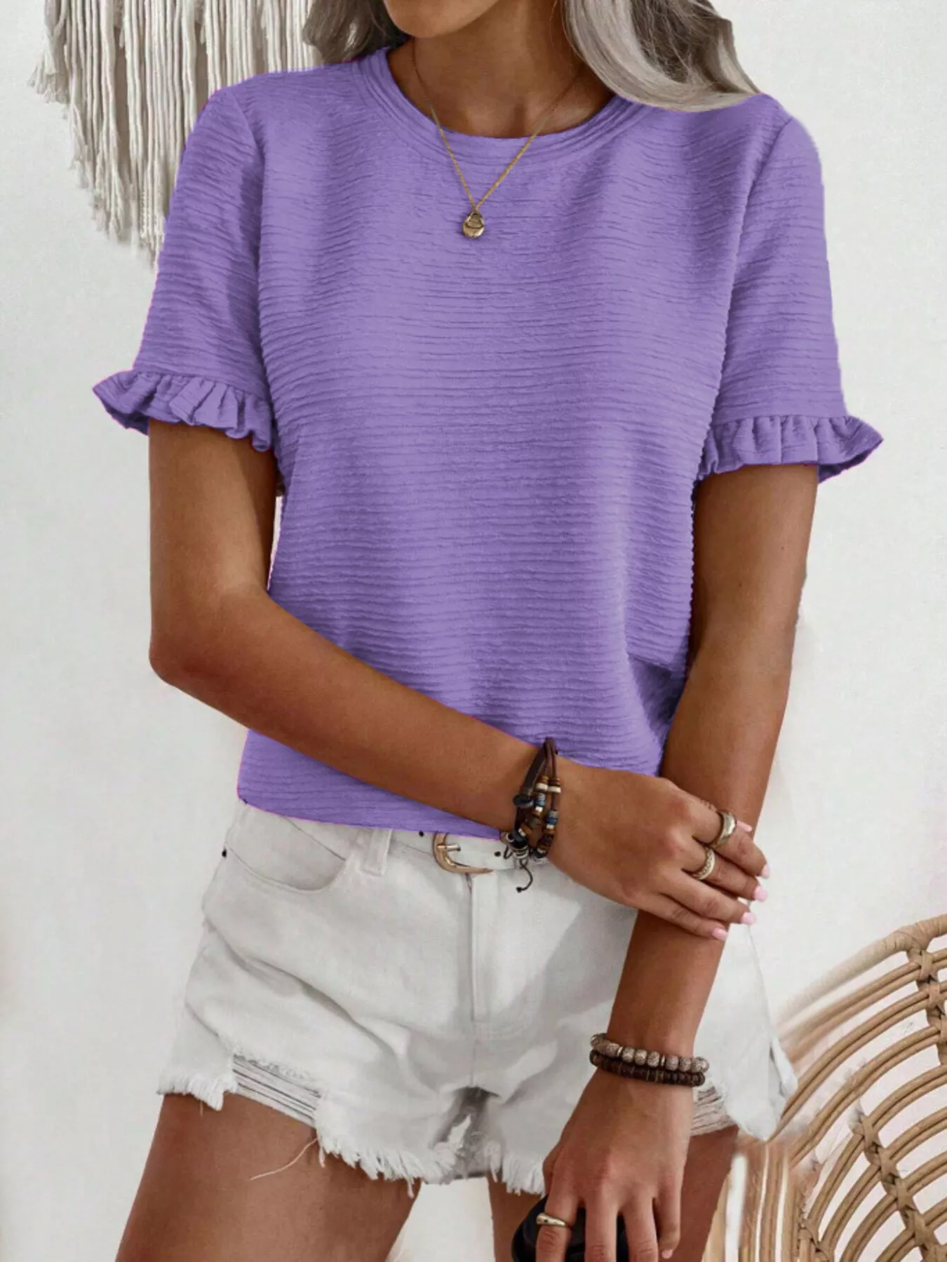 Textured Ruffle Sleeve Round Neck T-Shirt - Image 9