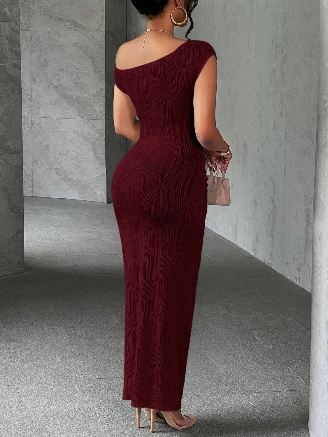 Textured Single Shoulder Maxi Dress - Image 5