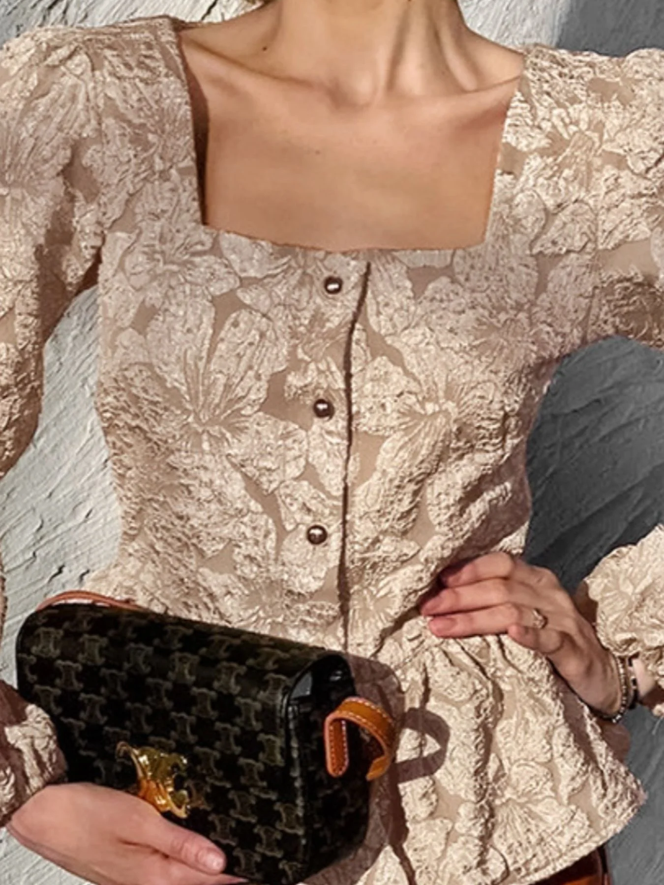 Textured Square Neck Balloon Sleeve Shirt - Image 3