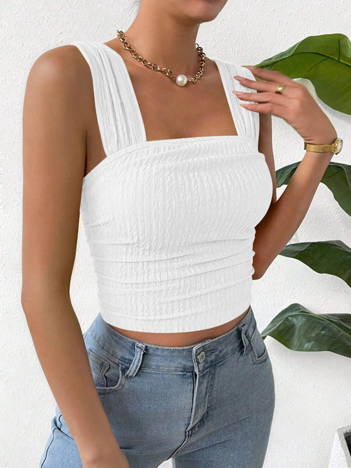 Textured Square Neck Wide Strap Tank - Image 34