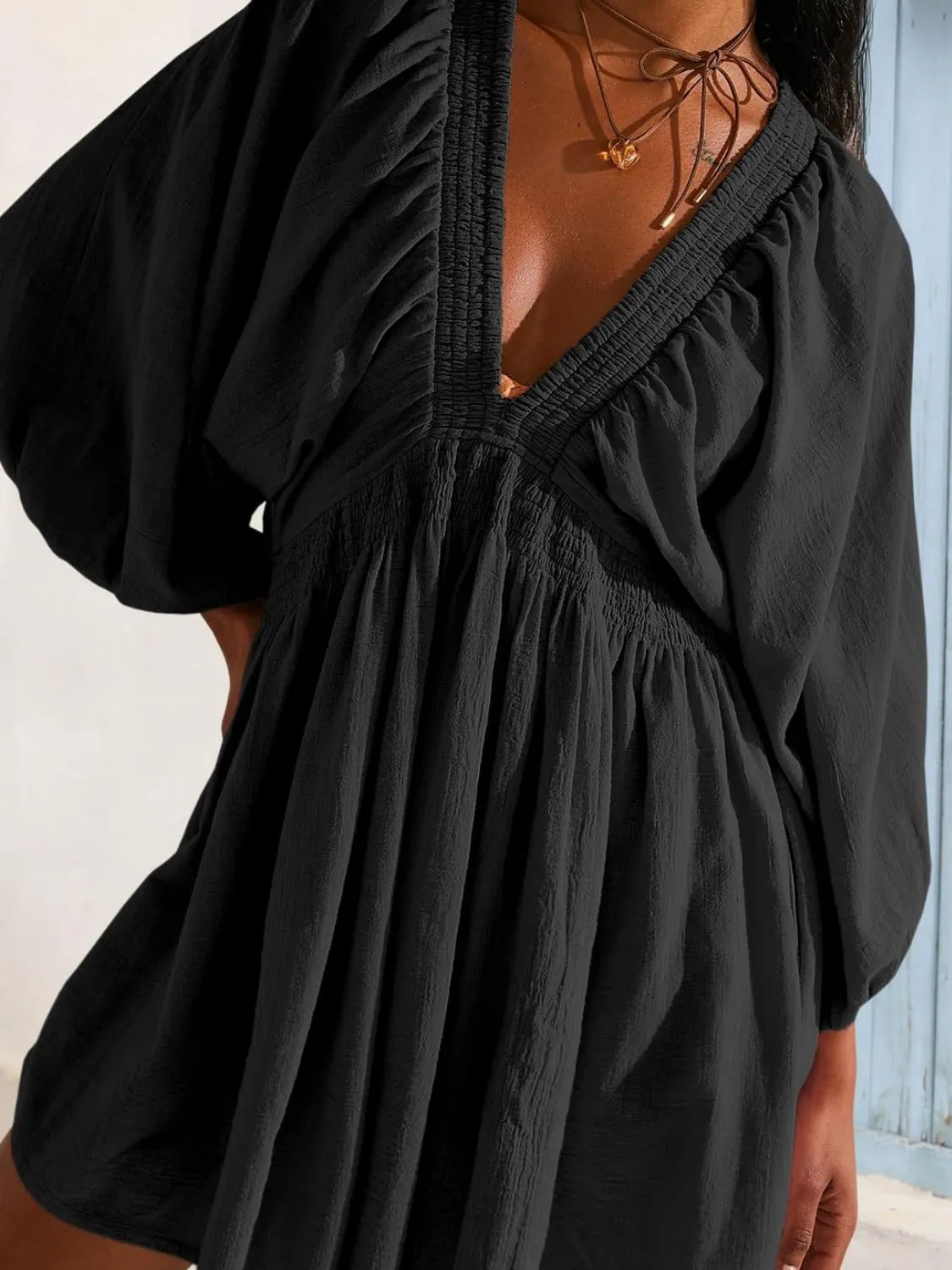 Textured V-Neck Mini Dress - Image 3