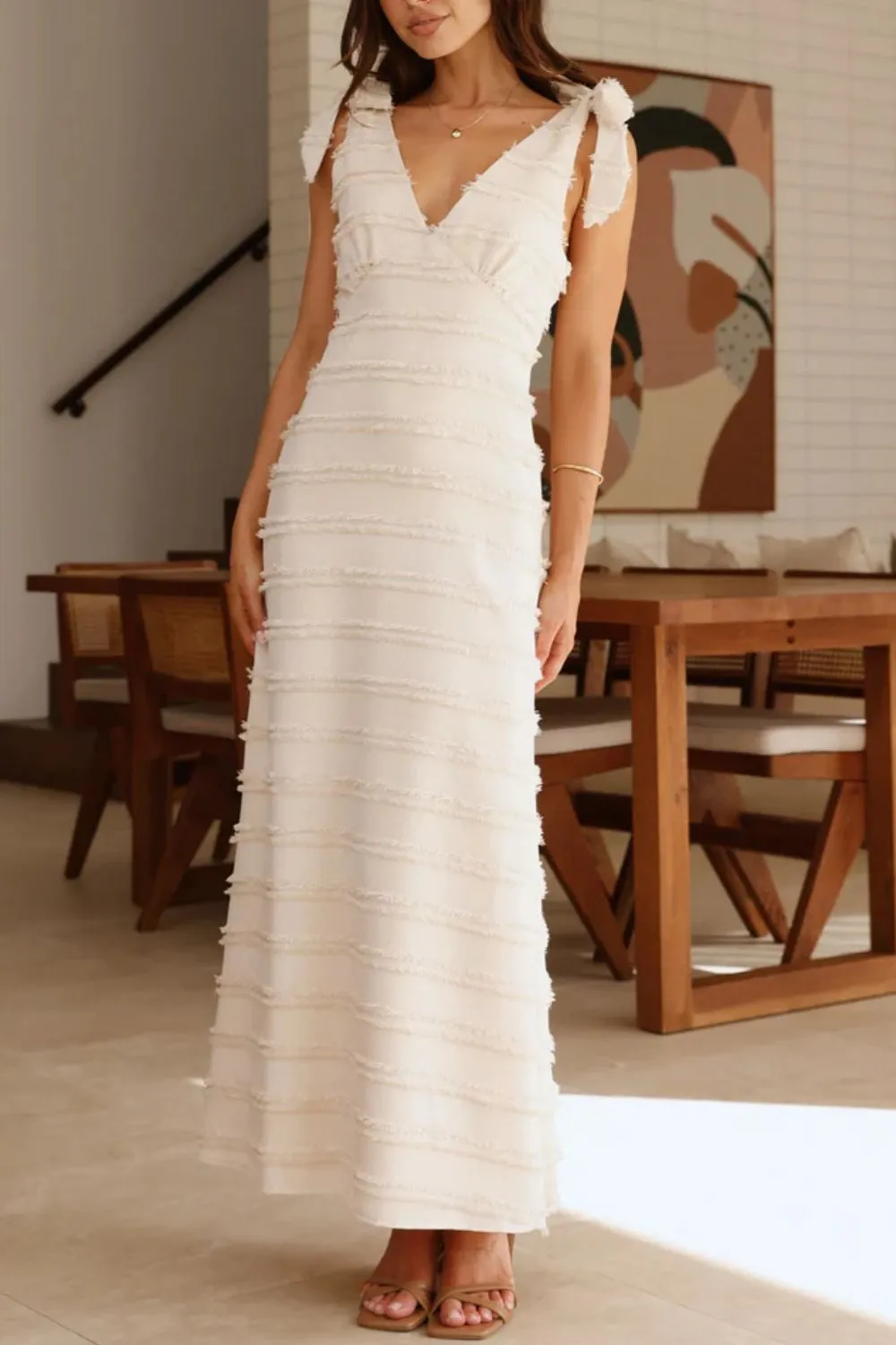 Textured V-Neck Tie Shoulder Dress - Image 11