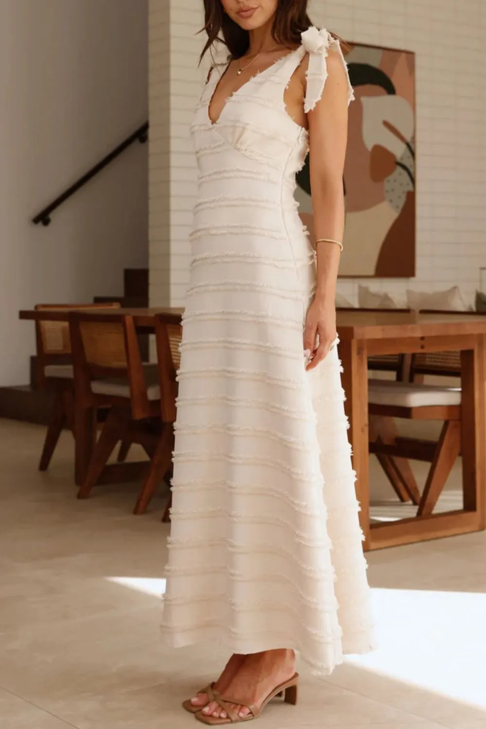 Textured V-Neck Tie Shoulder Dress - Image 13
