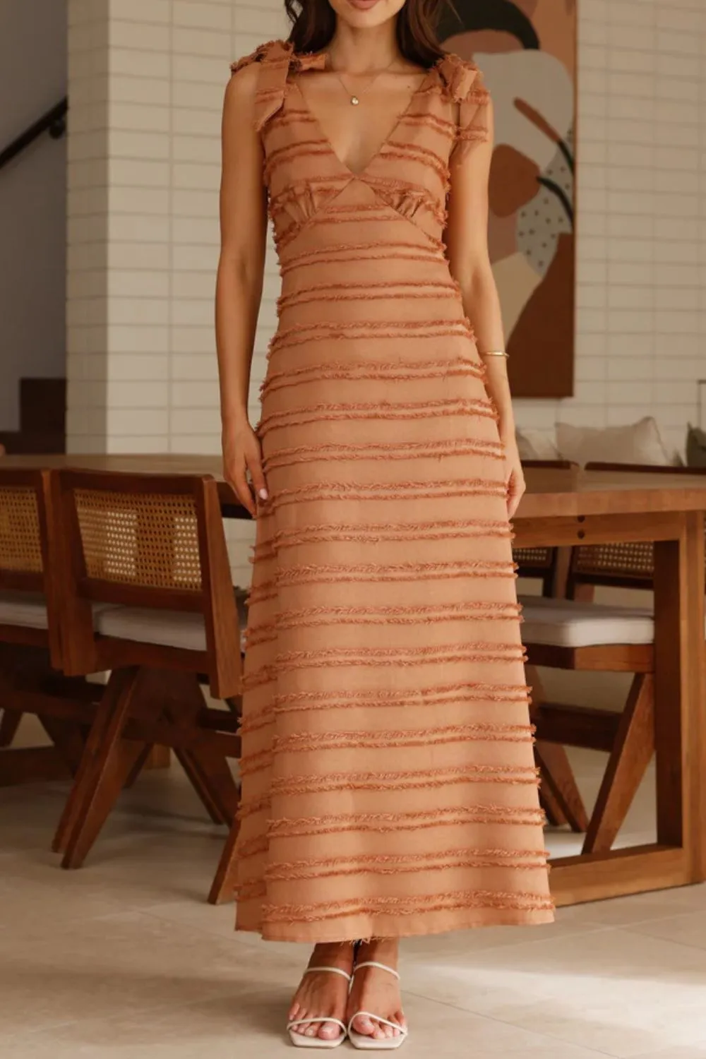Textured V-Neck Tie Shoulder Dress - Image 2