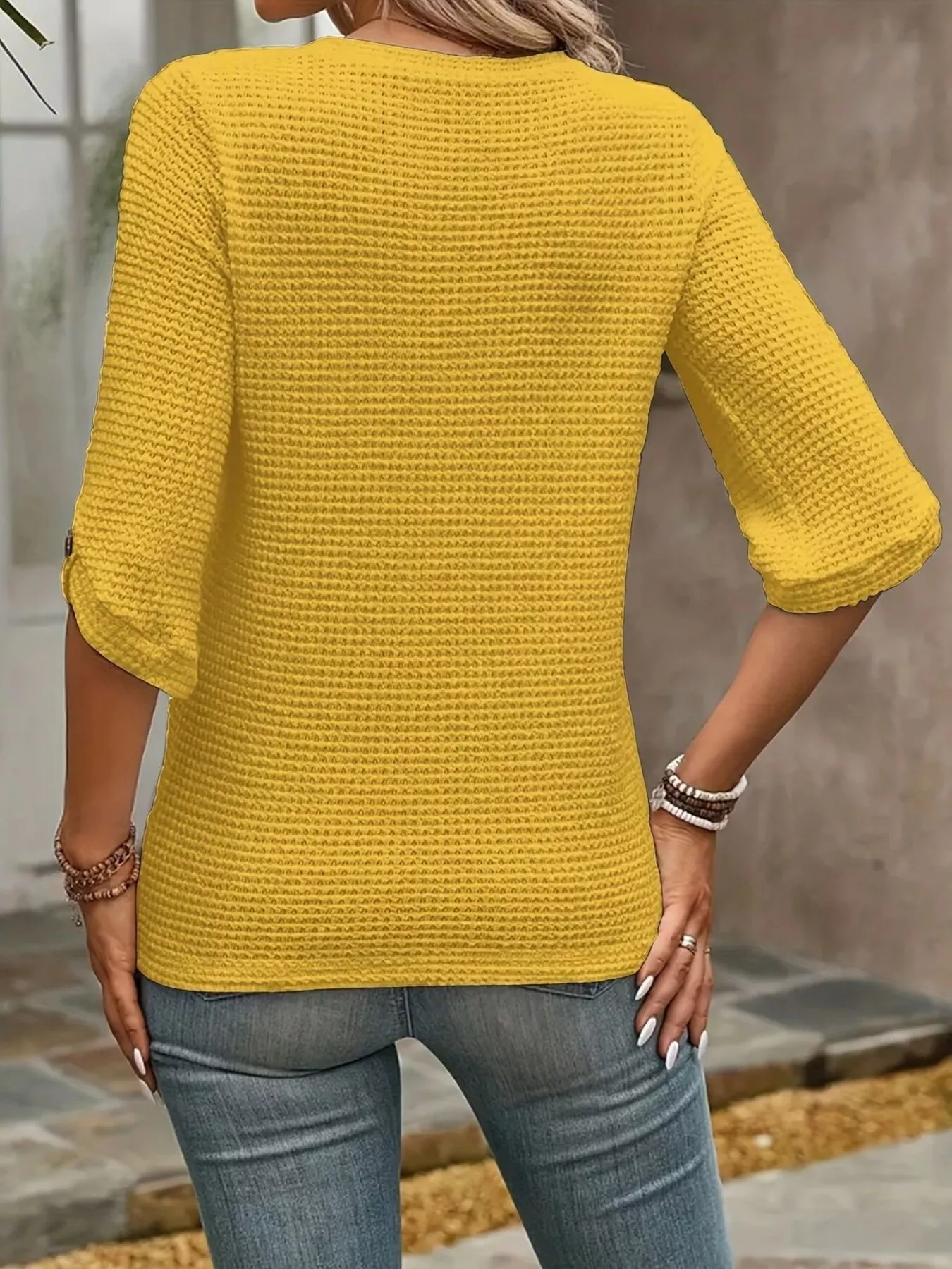 Textured Waffle Knit Three-Quarter Sleeve T-Shirt - Image 3