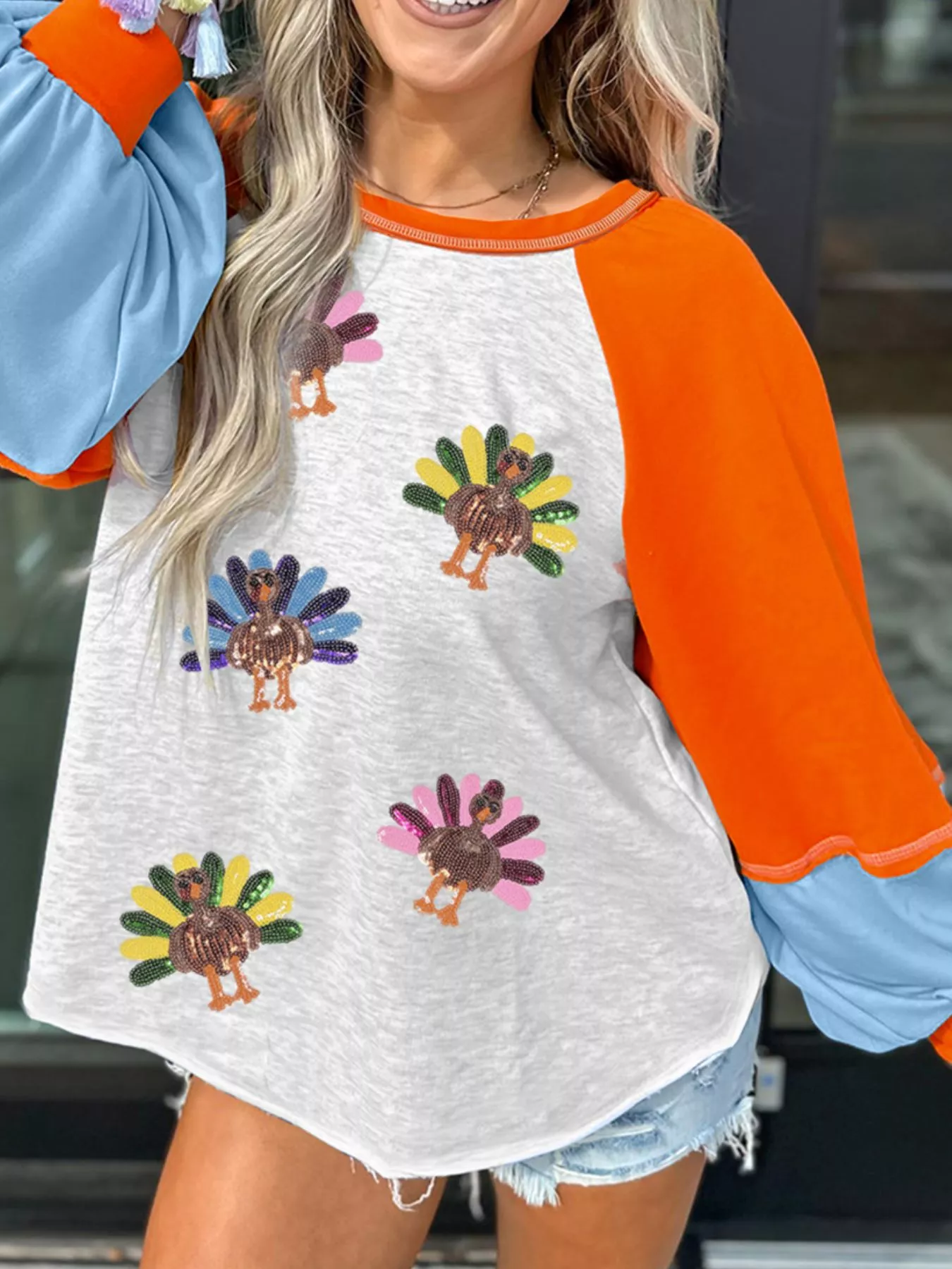 Thanksgiving Turkey Sequin Color Block Raglan Sleeve Top - Image 3