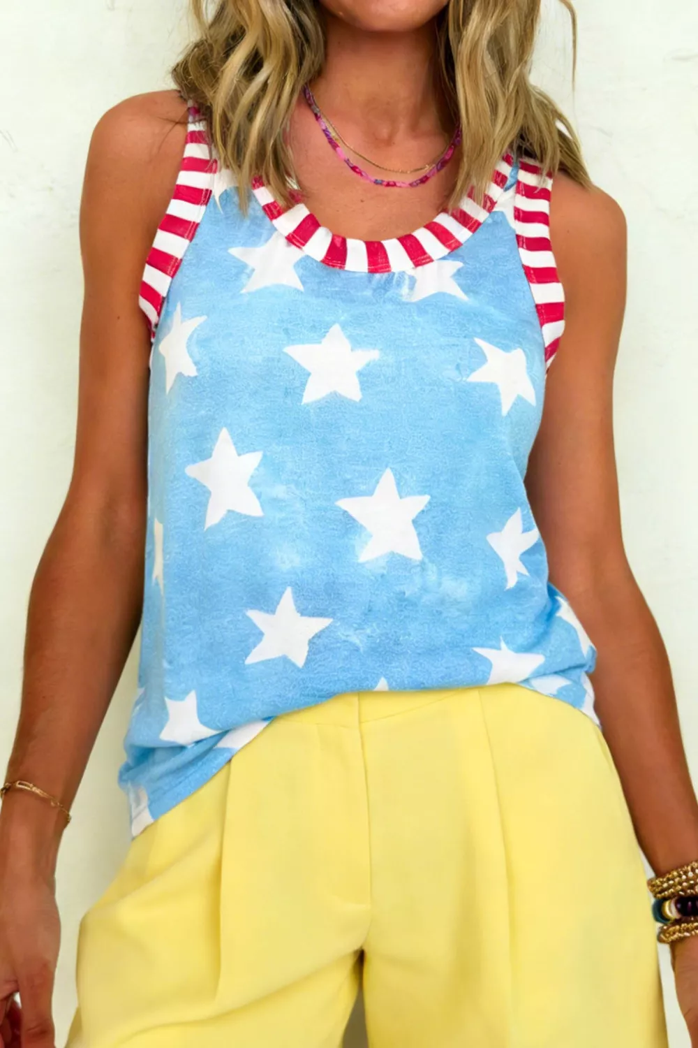 Tie Dye Star Print Striped Trim Round Neck Casual Tank Top - Image 2