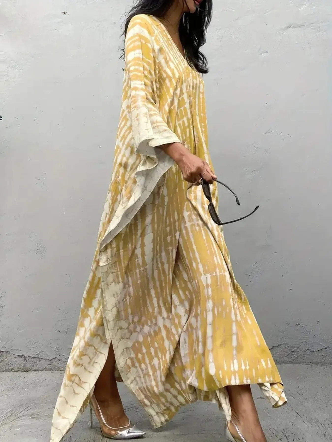 Tie-Dye V-Neck Maxi Dress with Flowy Sleeves - Image 2