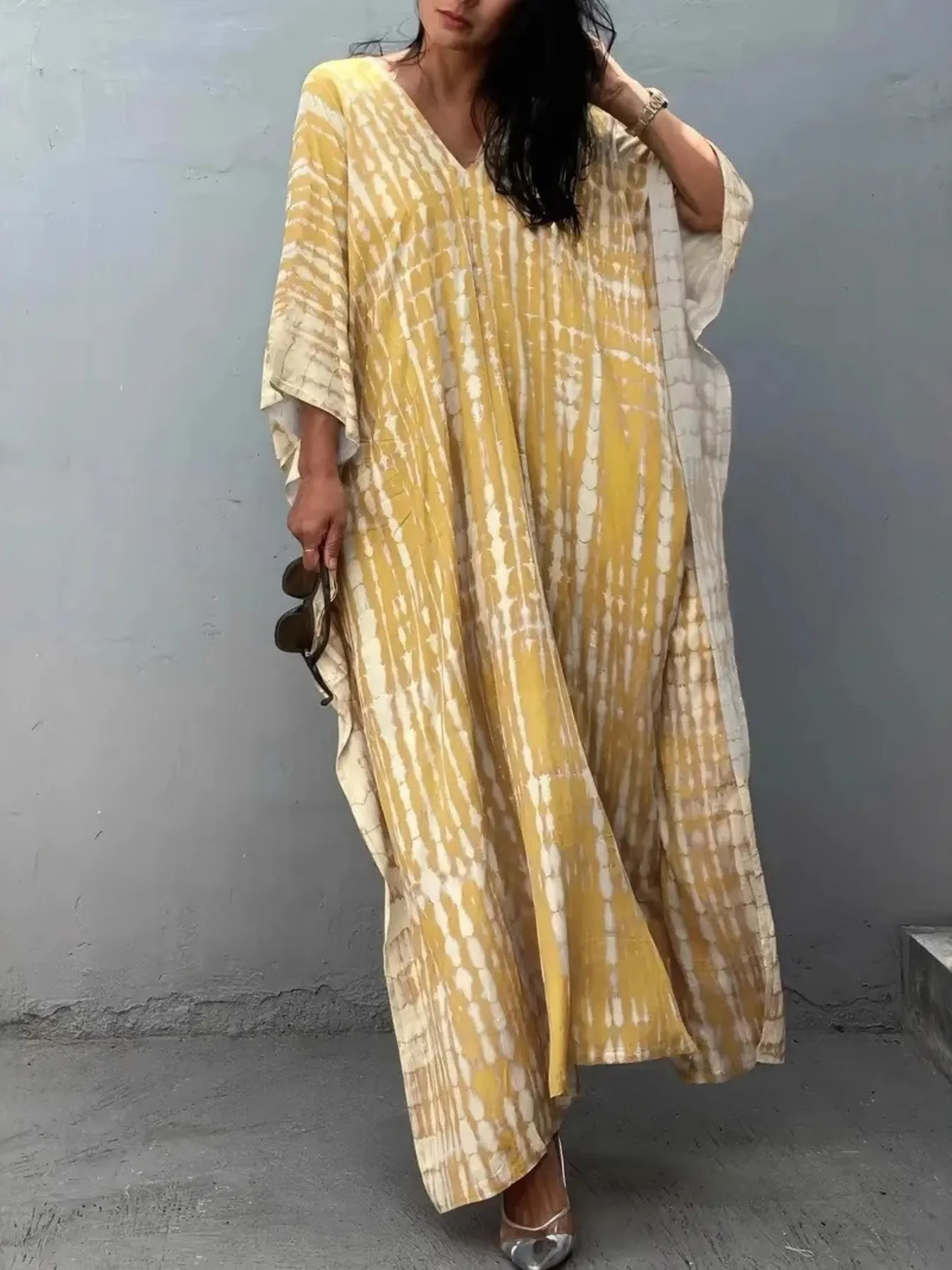 Tie-Dye V-Neck Maxi Dress with Flowy Sleeves - Image 3