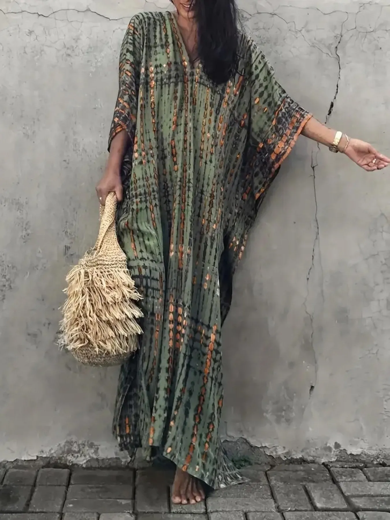 Tie-Dye V-Neck Maxi Dress with Flowy Sleeves - Image 5