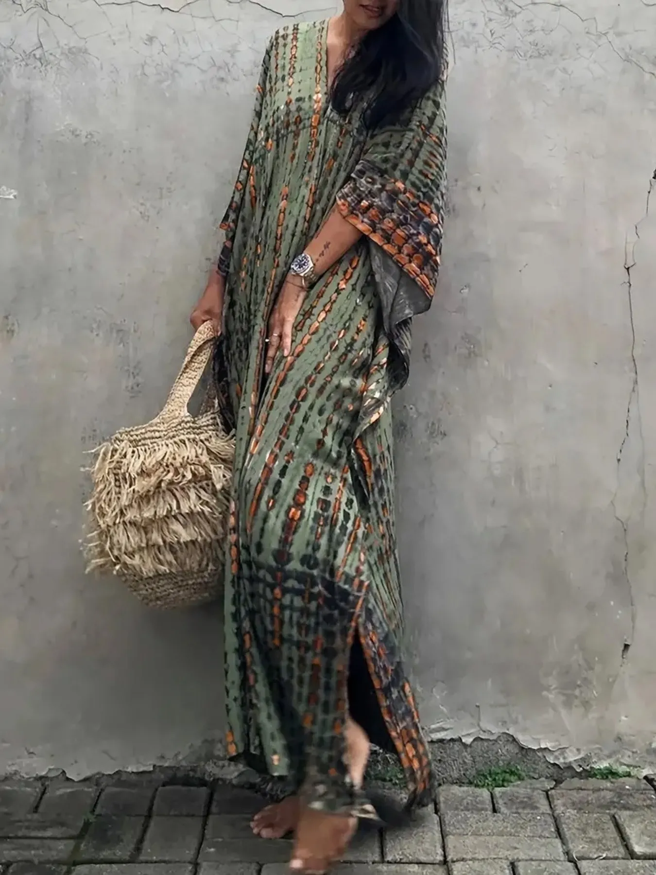 Tie-Dye V-Neck Maxi Dress with Flowy Sleeves - Image 6