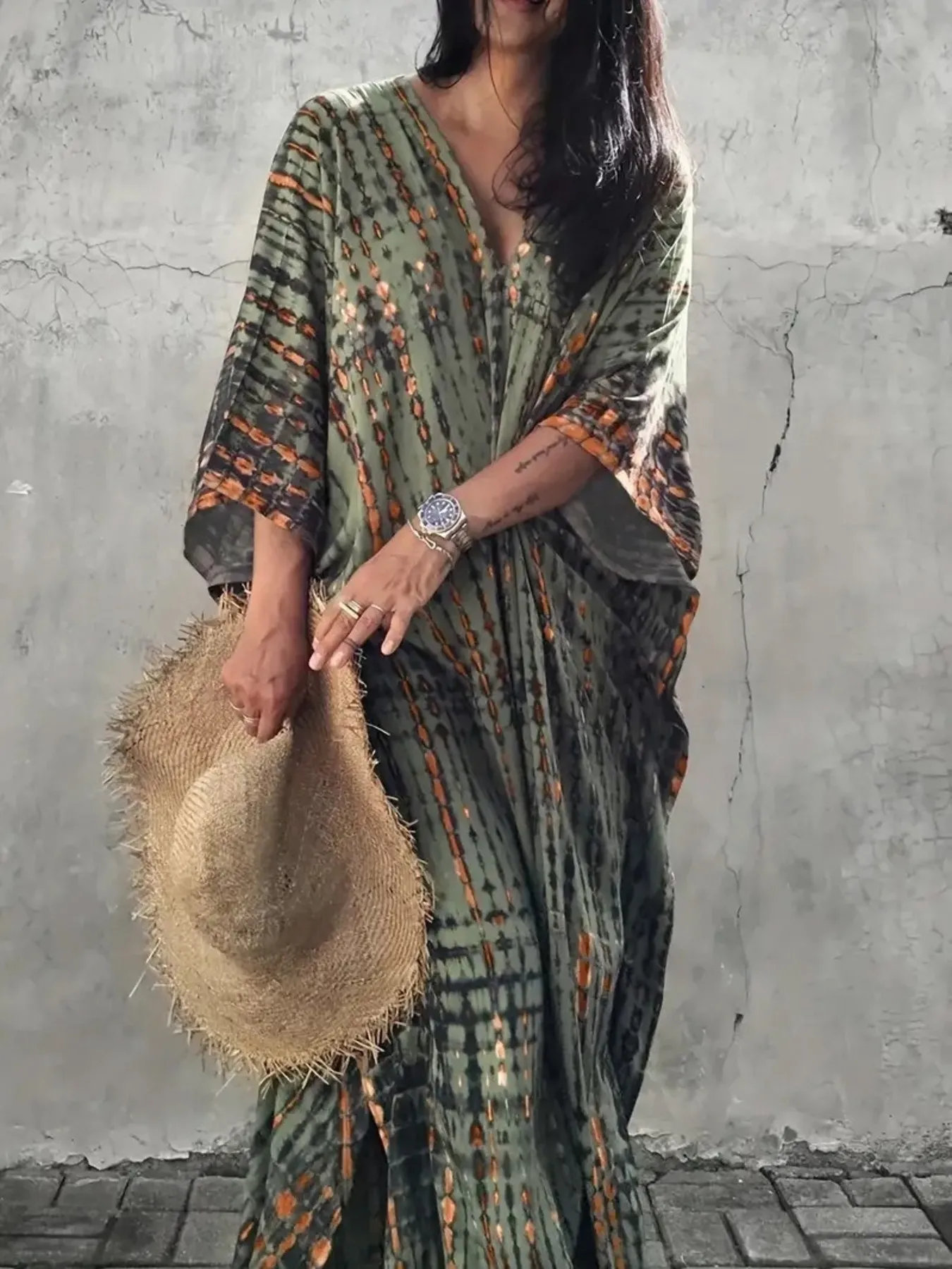Tie-Dye V-Neck Maxi Dress with Flowy Sleeves - Image 7