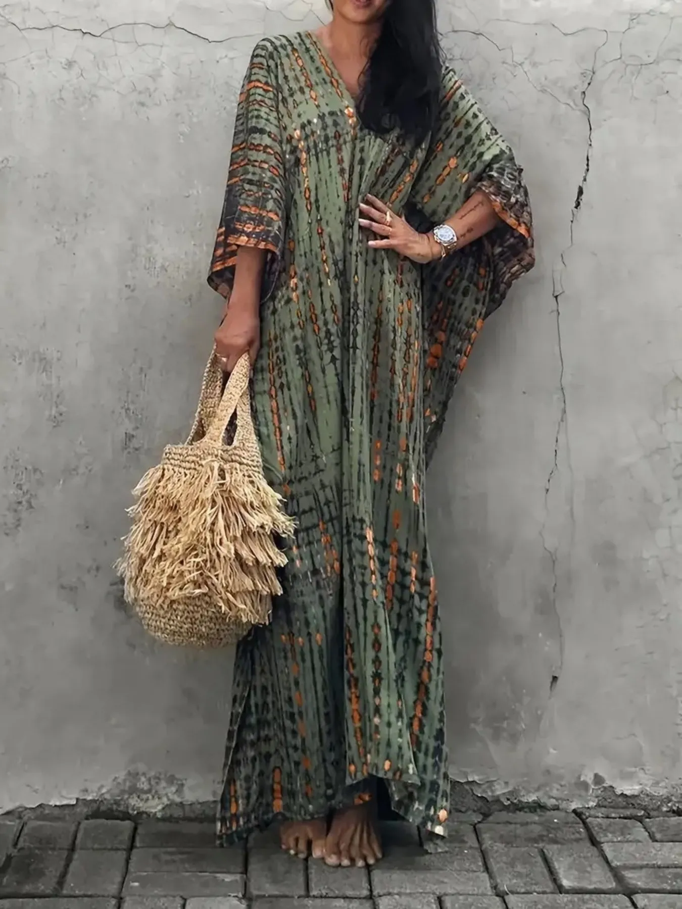 Tie-Dye V-Neck Maxi Dress with Flowy Sleeves - Image 8