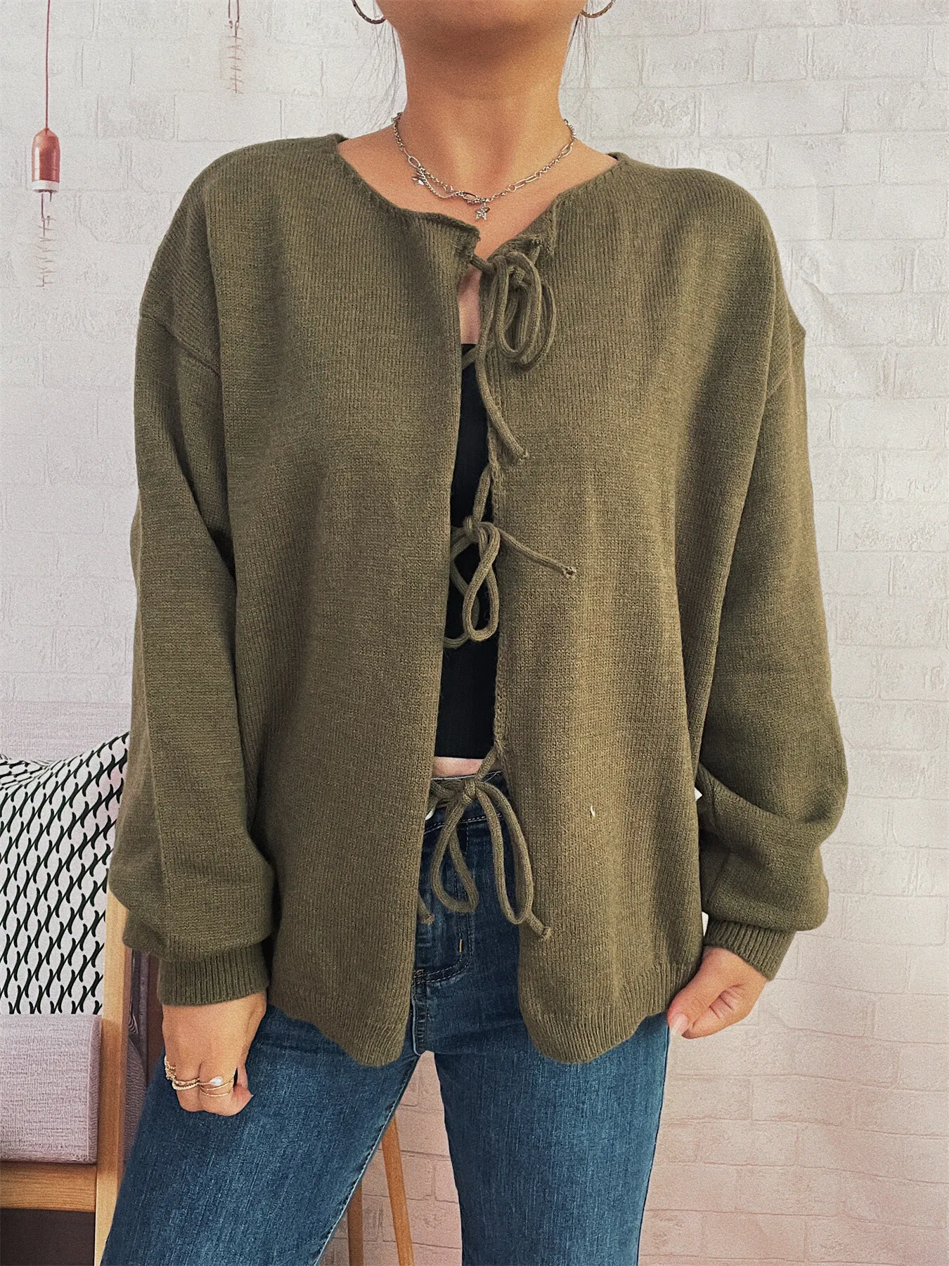 Tie Front Drop Shoulder Cardigan - Image 14