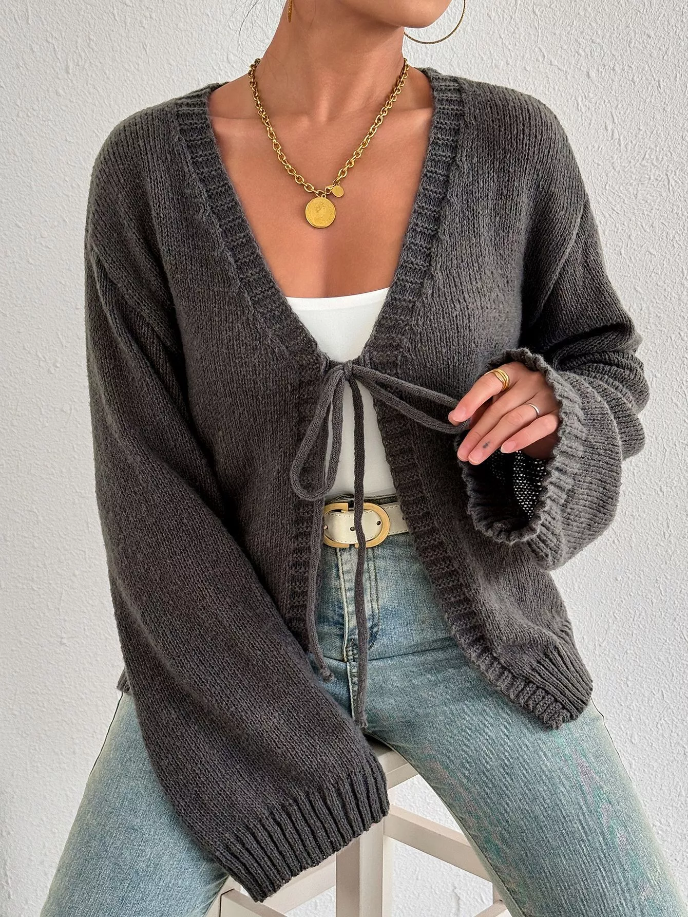 Tie-Front Dropped Shoulder Cardigan - Image 2