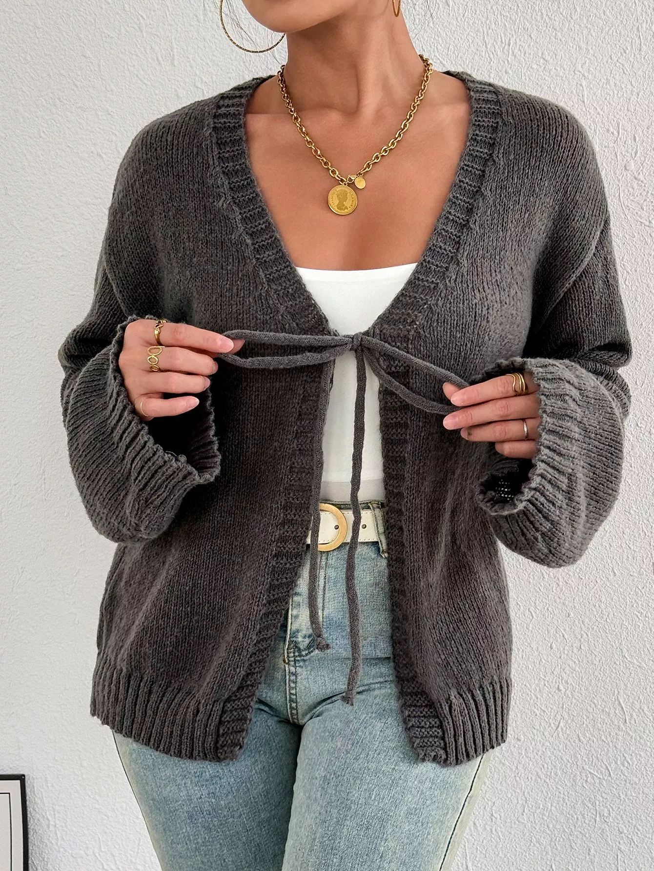Tie-Front Dropped Shoulder Cardigan - Image 4
