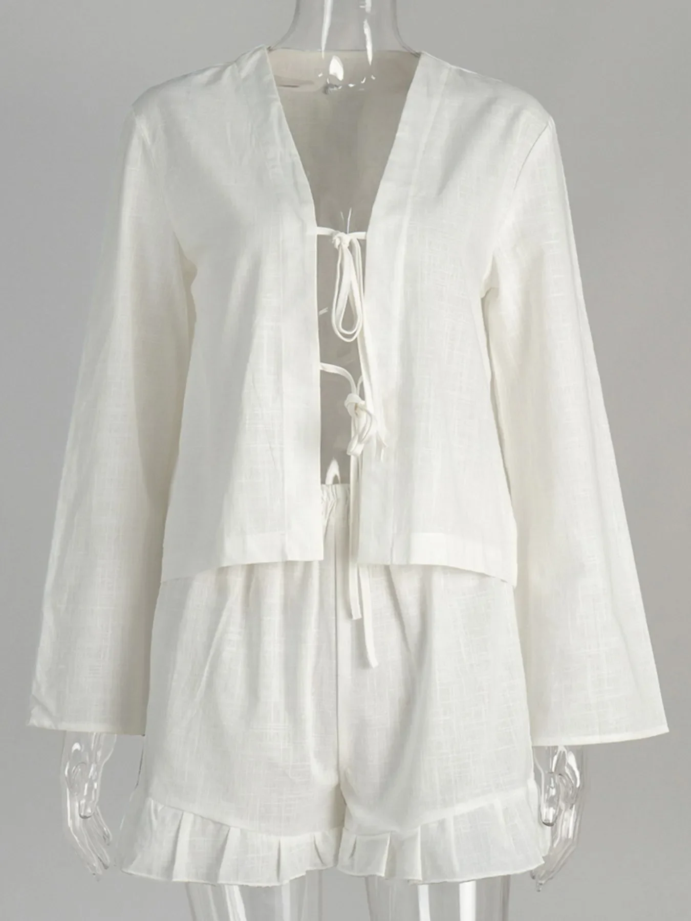 Tie Front Long Sleeve Top and Shorts Set - Image 9
