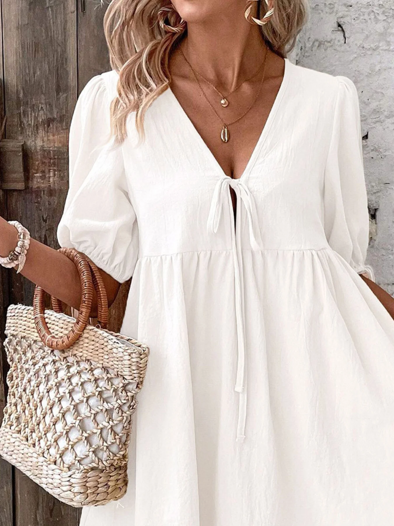 Tie Front Puff Sleeve Mini Dress - Image 12