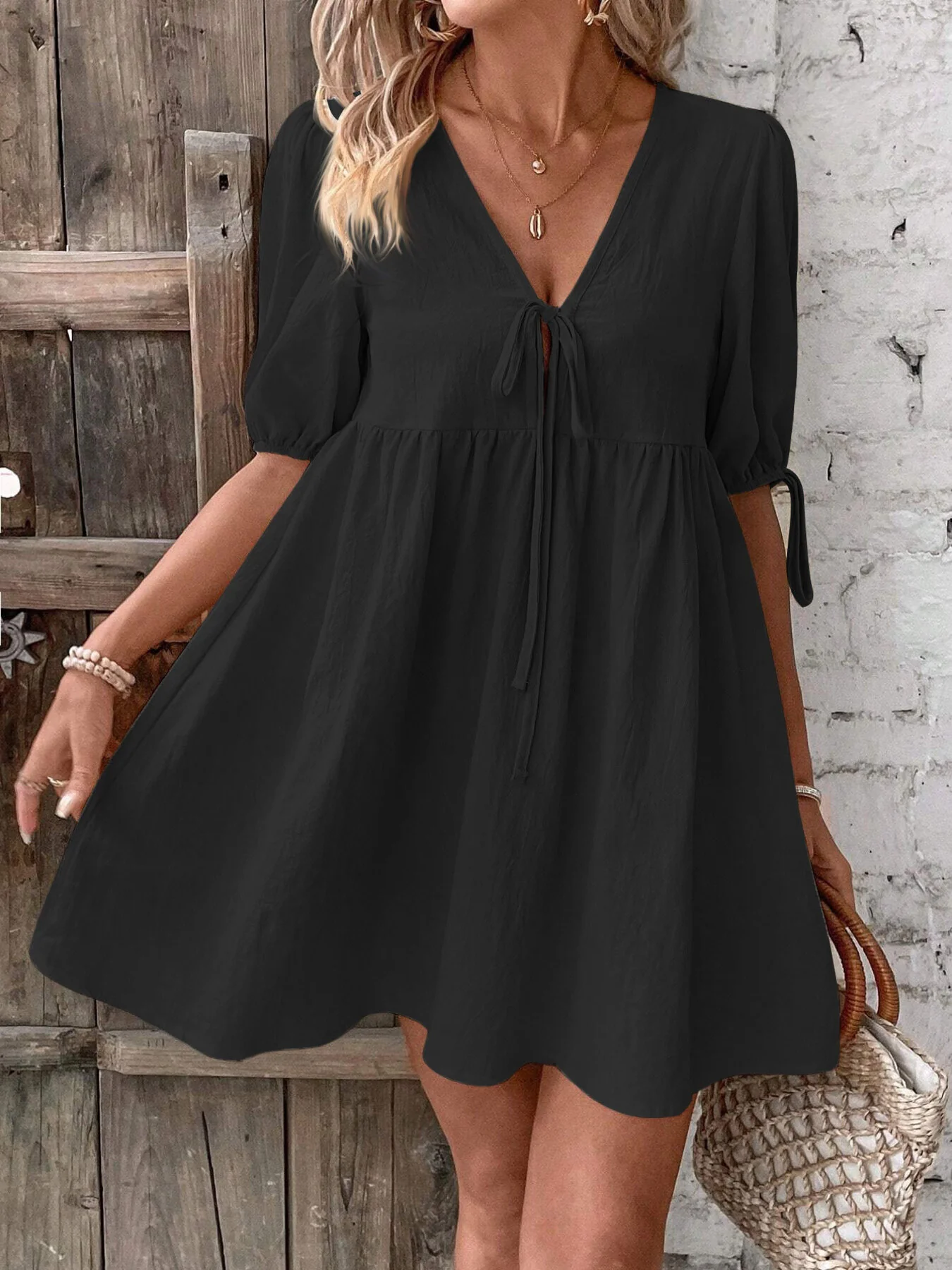 Tie Front Puff Sleeve Mini Dress - Image 14