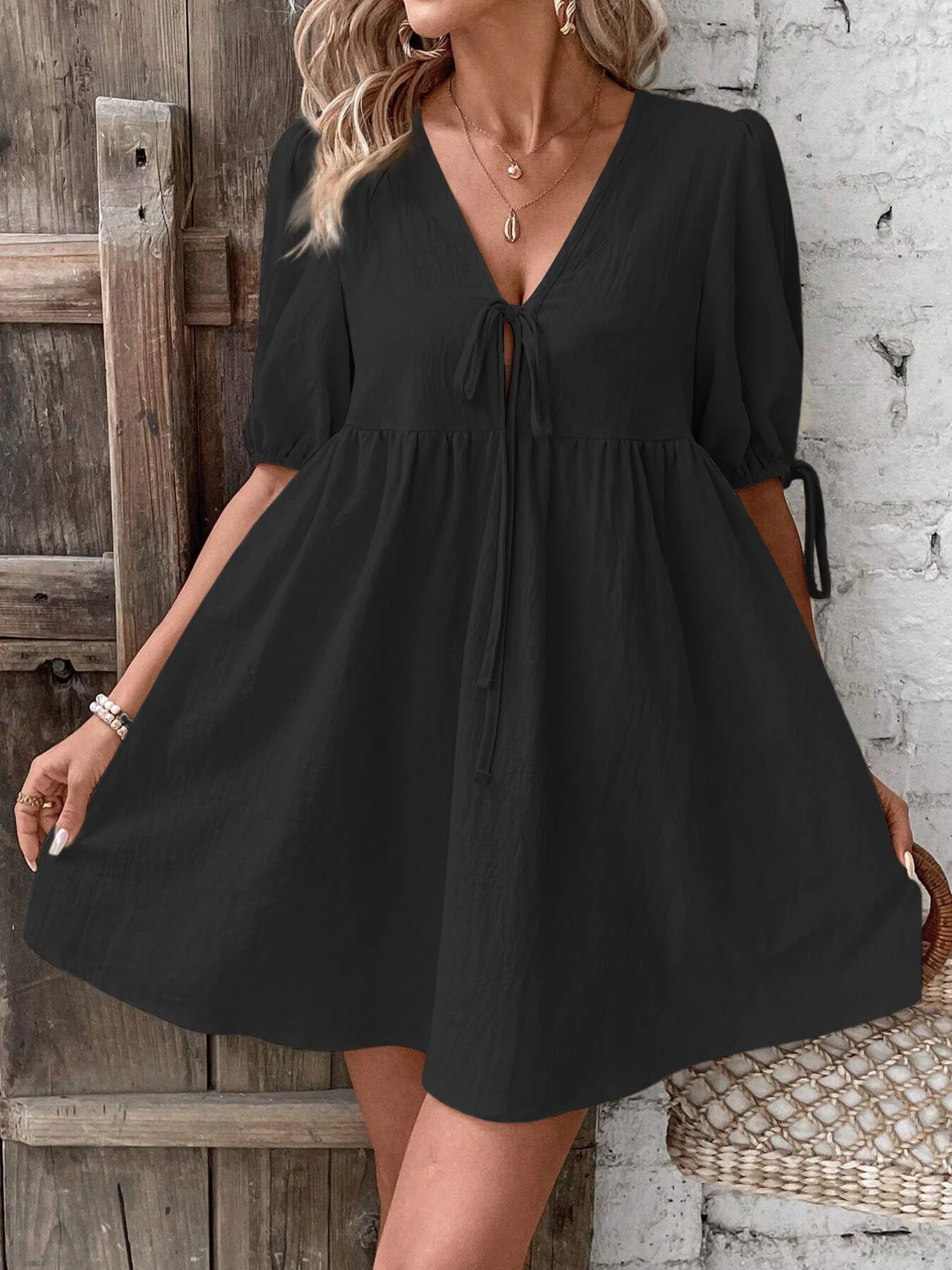 Tie Front Puff Sleeve Mini Dress - Image 15