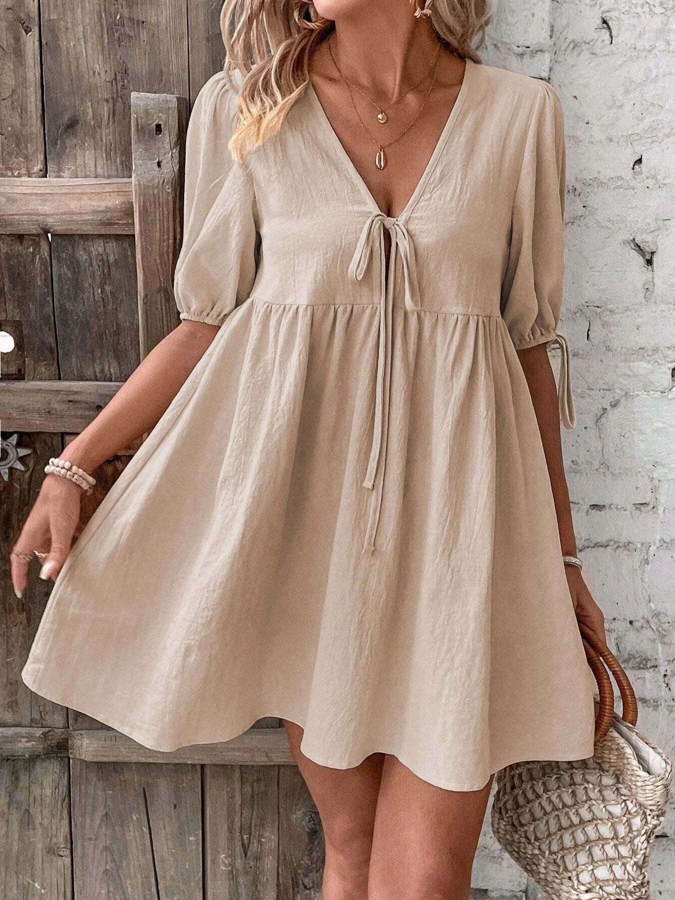 Tie Front Puff Sleeve Mini Dress - Image 4
