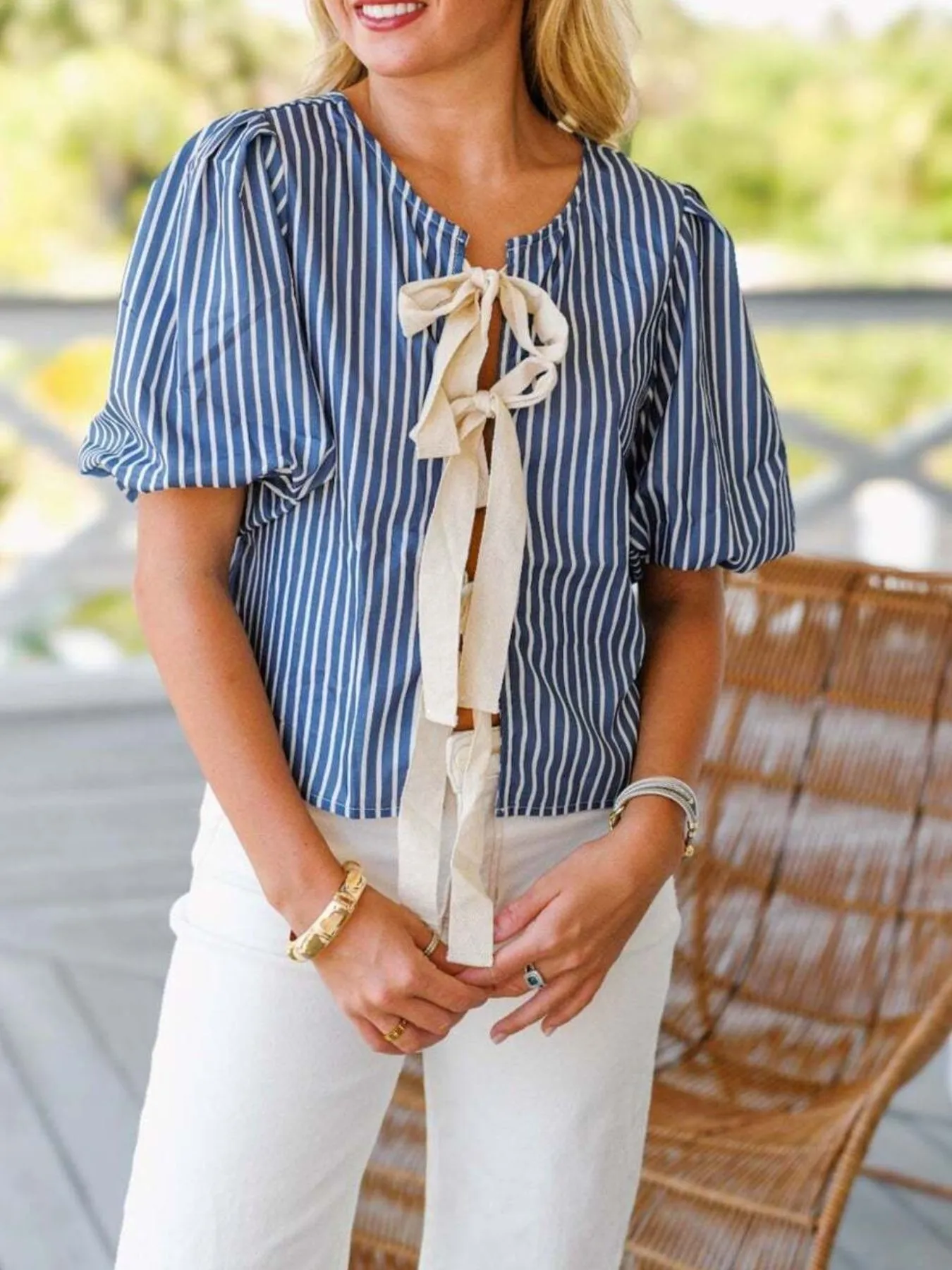Tie Front Puff Sleeve Striped Blouse - Image 2