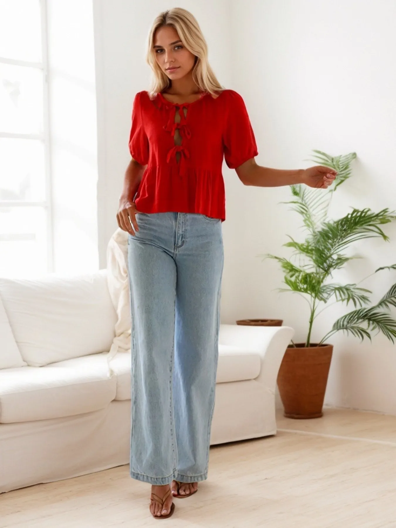 Tie-Front Short Sleeve Blouse - Image 4