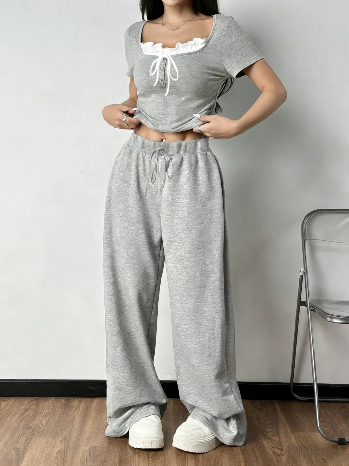 Tie Front Short Sleeve Top and Pants Set