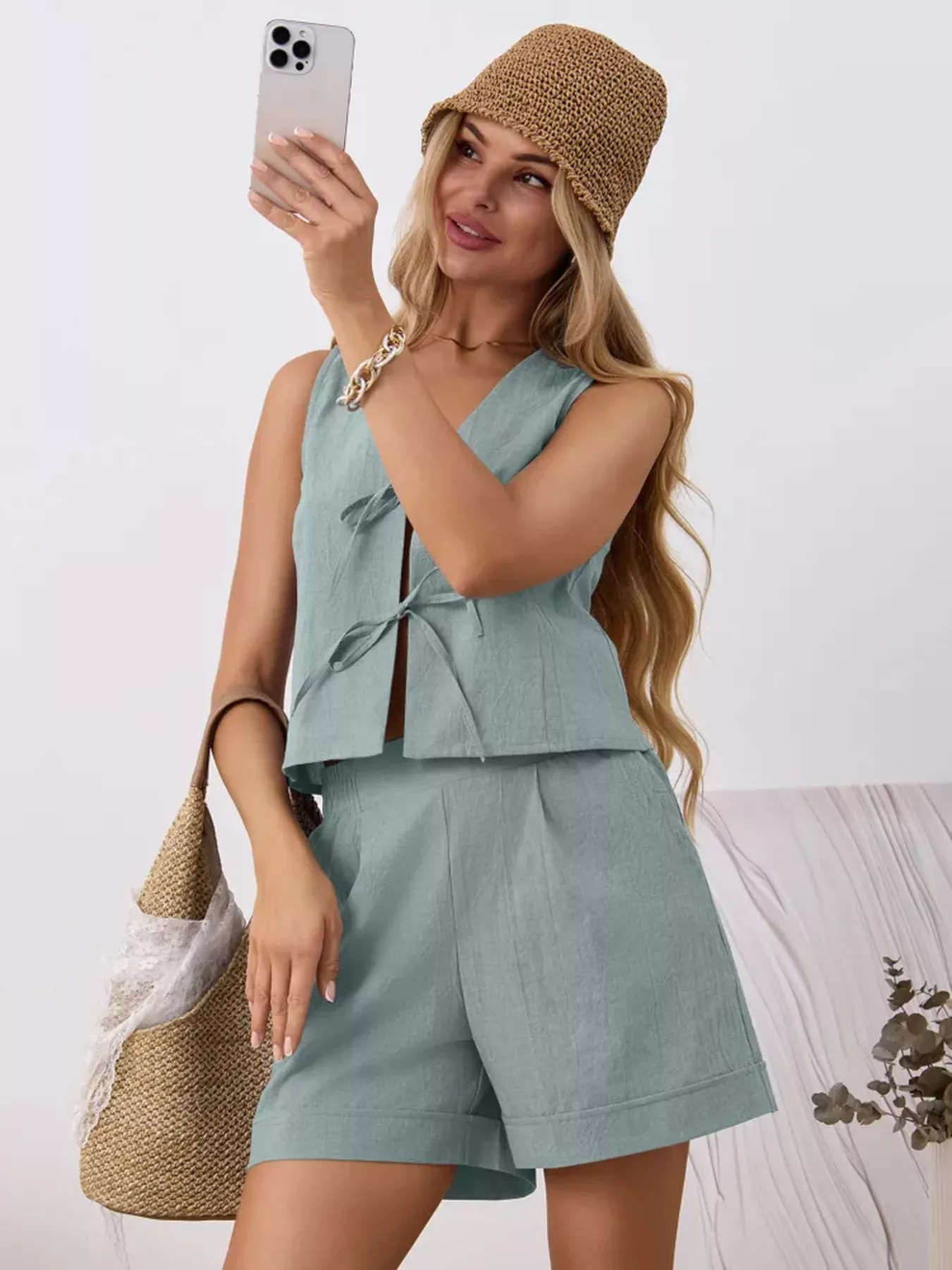 Tie-Front Sleeveless Top and Shorts Set - Image 12