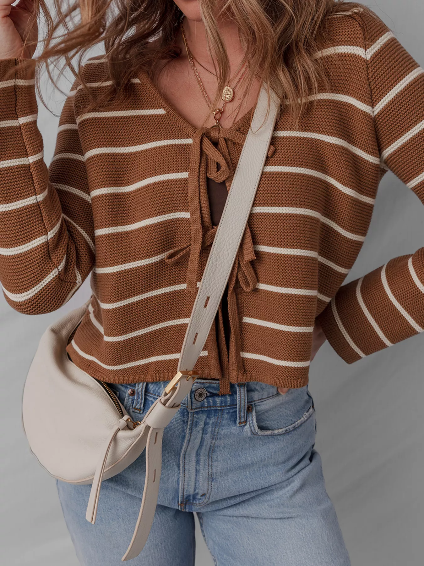 Tie Front Striped Knit V Neck Cardigan - Image 5