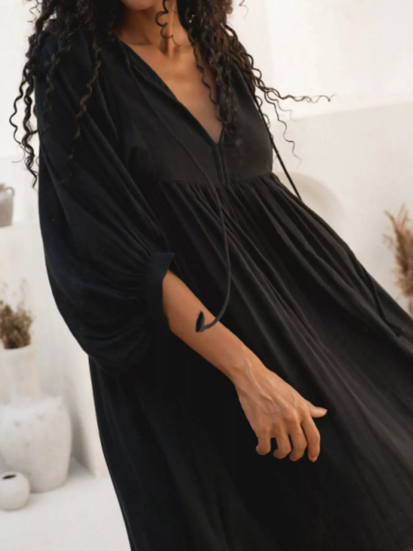 Tie Neck 3/4 Sleeve Midi Dress - Image 12