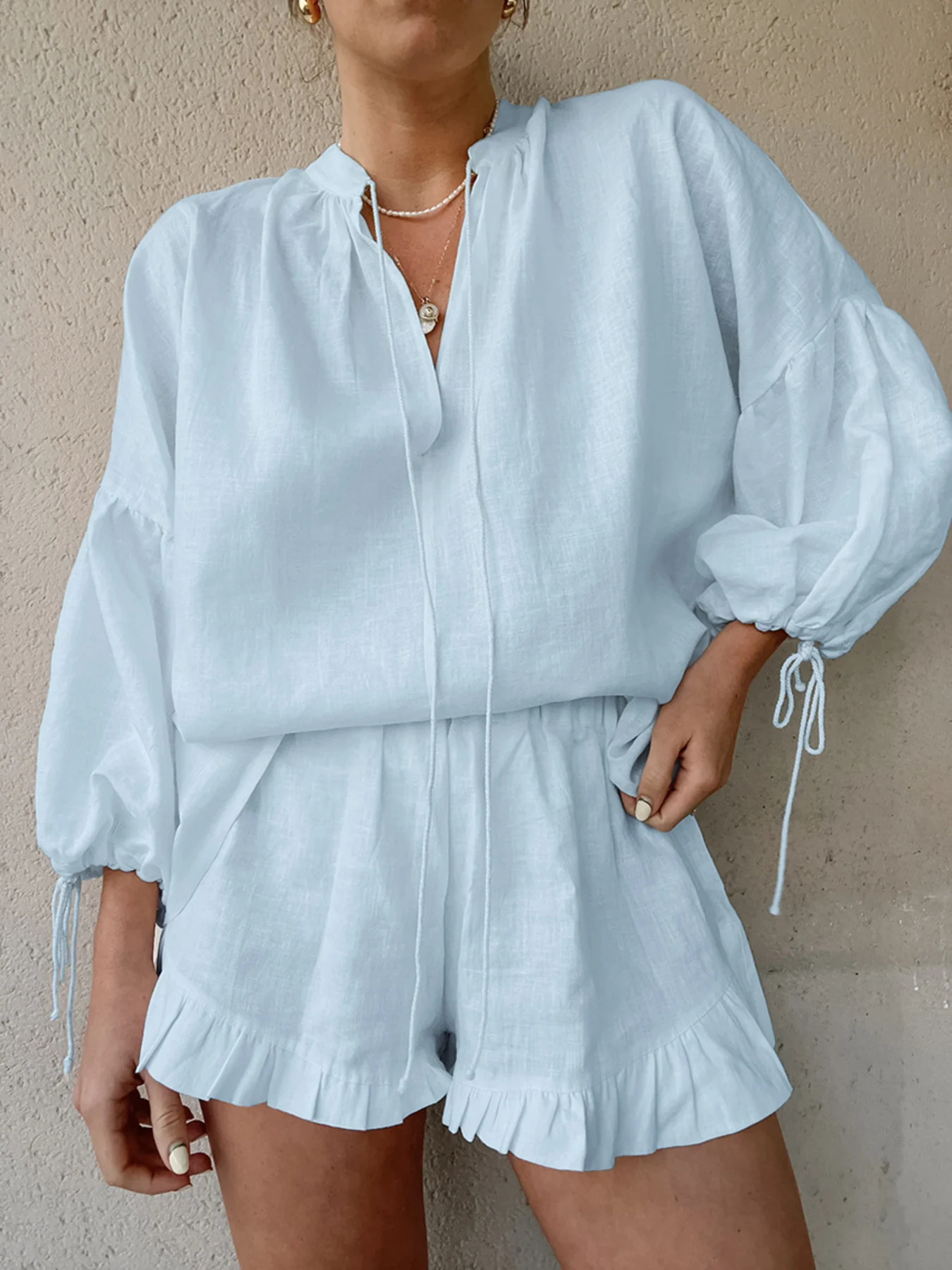 Tie Neck Balloon Sleeve Blouse and Shorts Set - Image 13