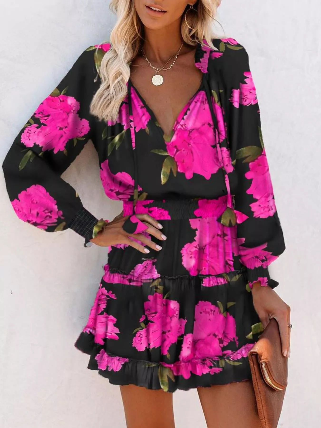 Tie Neck Lantern Sleeve Dress - Image 10