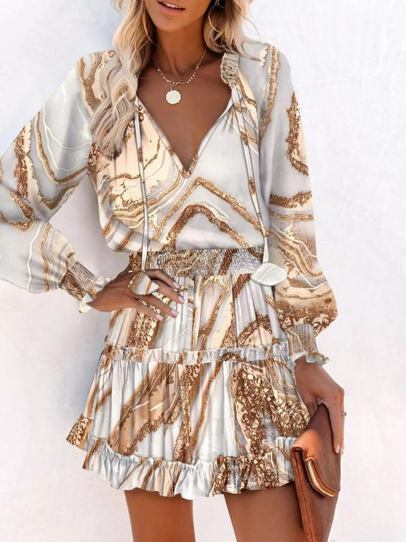 Tie Neck Lantern Sleeve Dress - Image 13