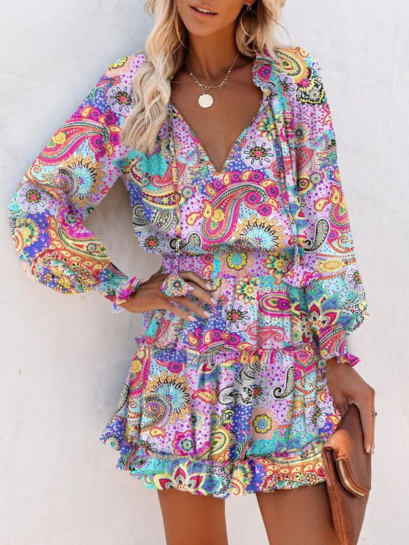 Tie Neck Lantern Sleeve Dress - Image 7