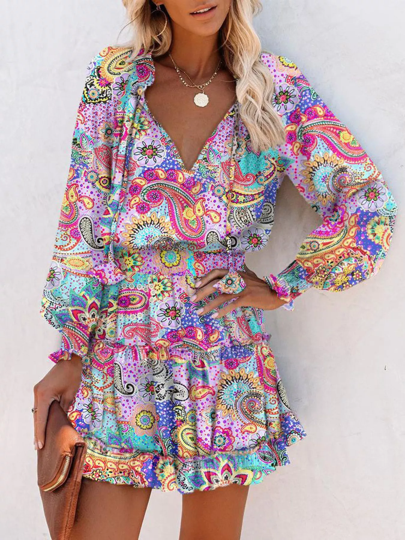 Tie Neck Lantern Sleeve Dress - Image 8