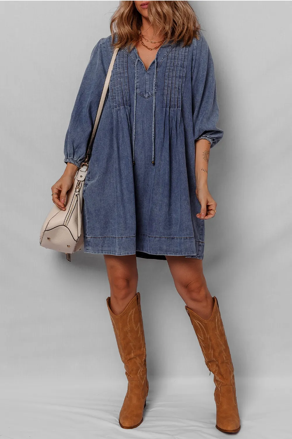 Tie Neck Long Sleeve Mini Denim Dress - Image 3