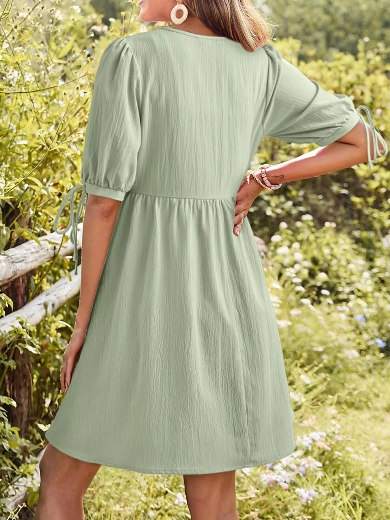Tie-Neck Puff Sleeve A-Line Mini Dress - Image 11