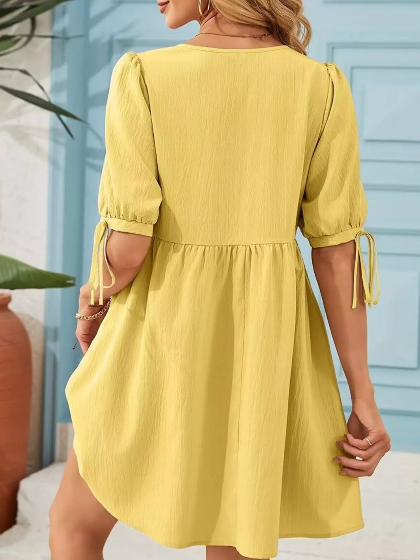 Tie-Neck Puff Sleeve A-Line Mini Dress - Image 14