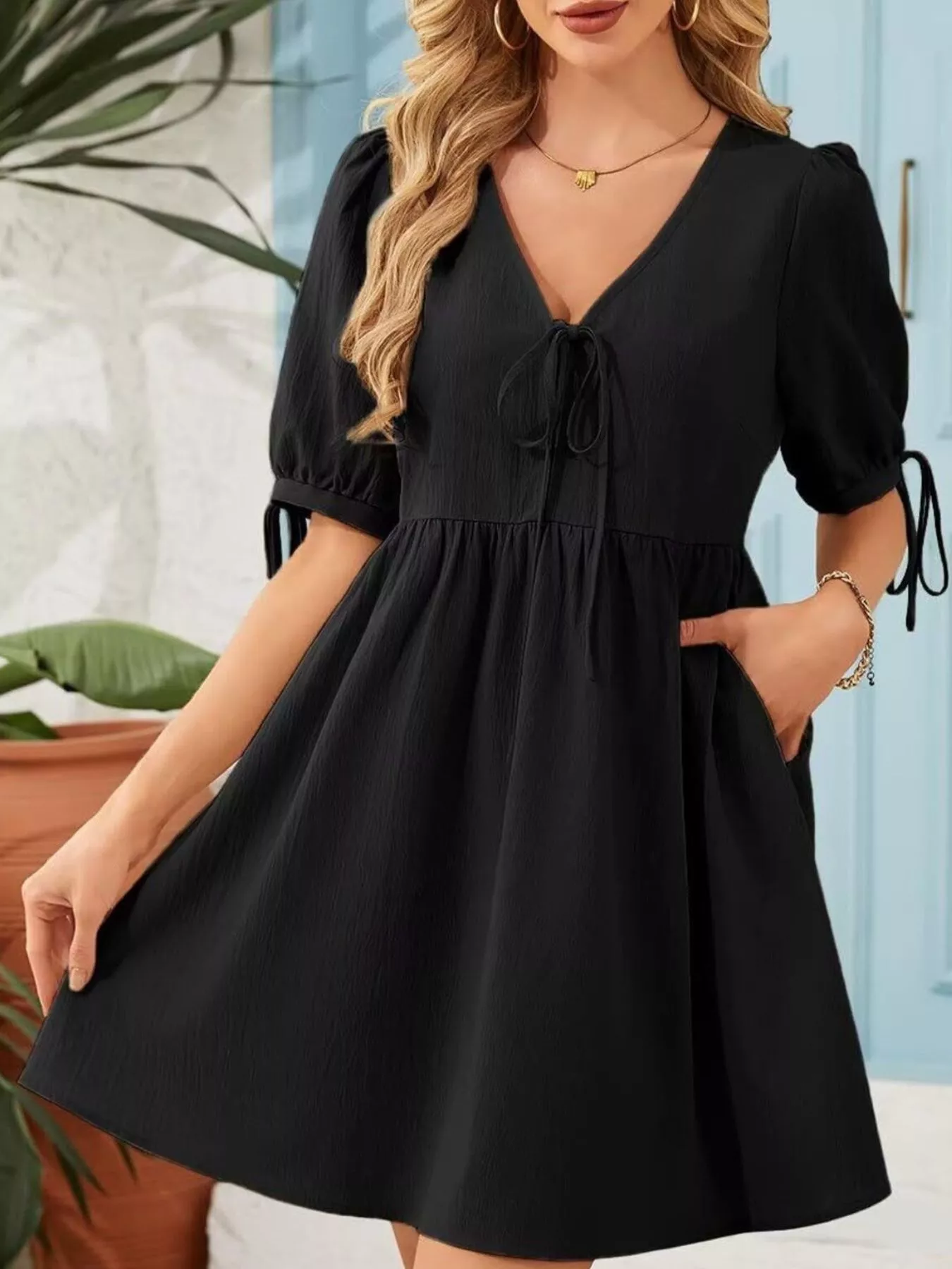 Tie-Neck Puff Sleeve A-Line Mini Dress - Image 5
