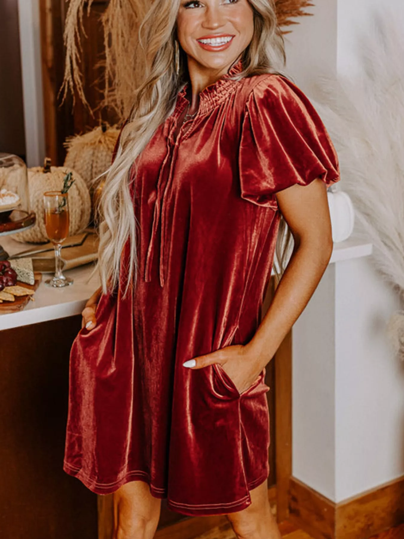 Tie Neck Puff Sleeve Velvet Dress - Image 2