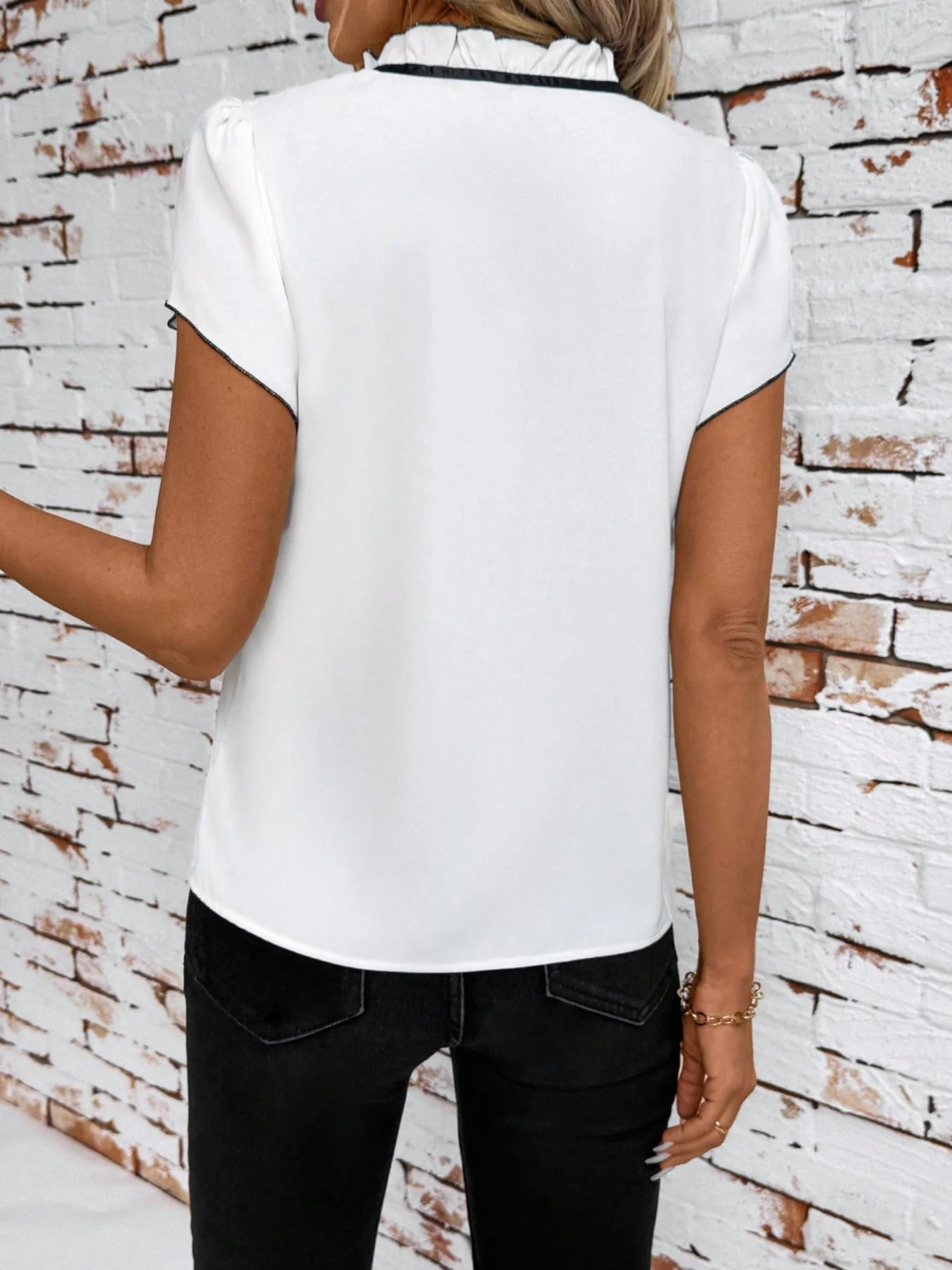 Tie Neck Short Sleeve Blouse - Image 5