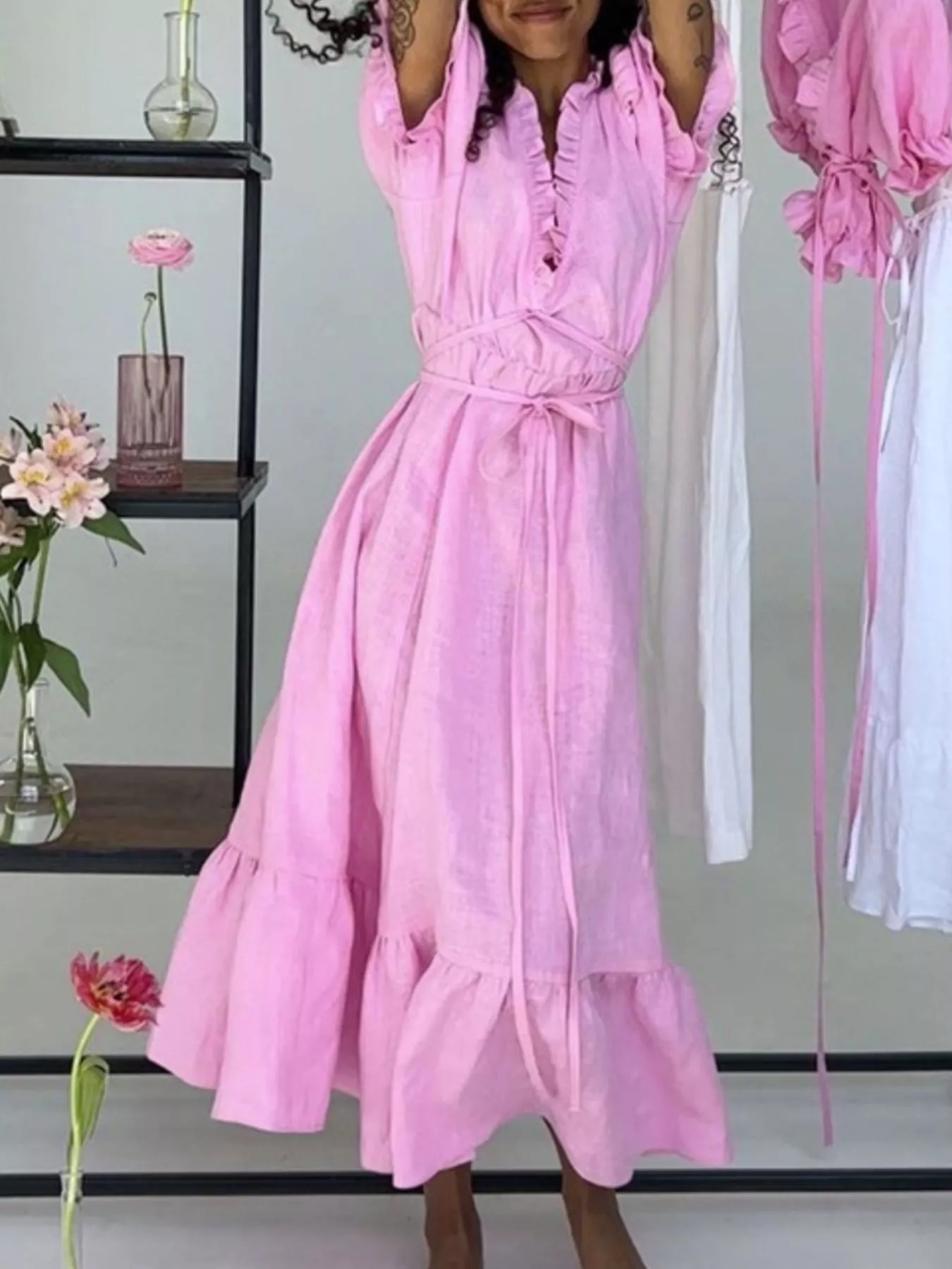 Tie Waist Puff Sleeve Maxi Dress - Image 8