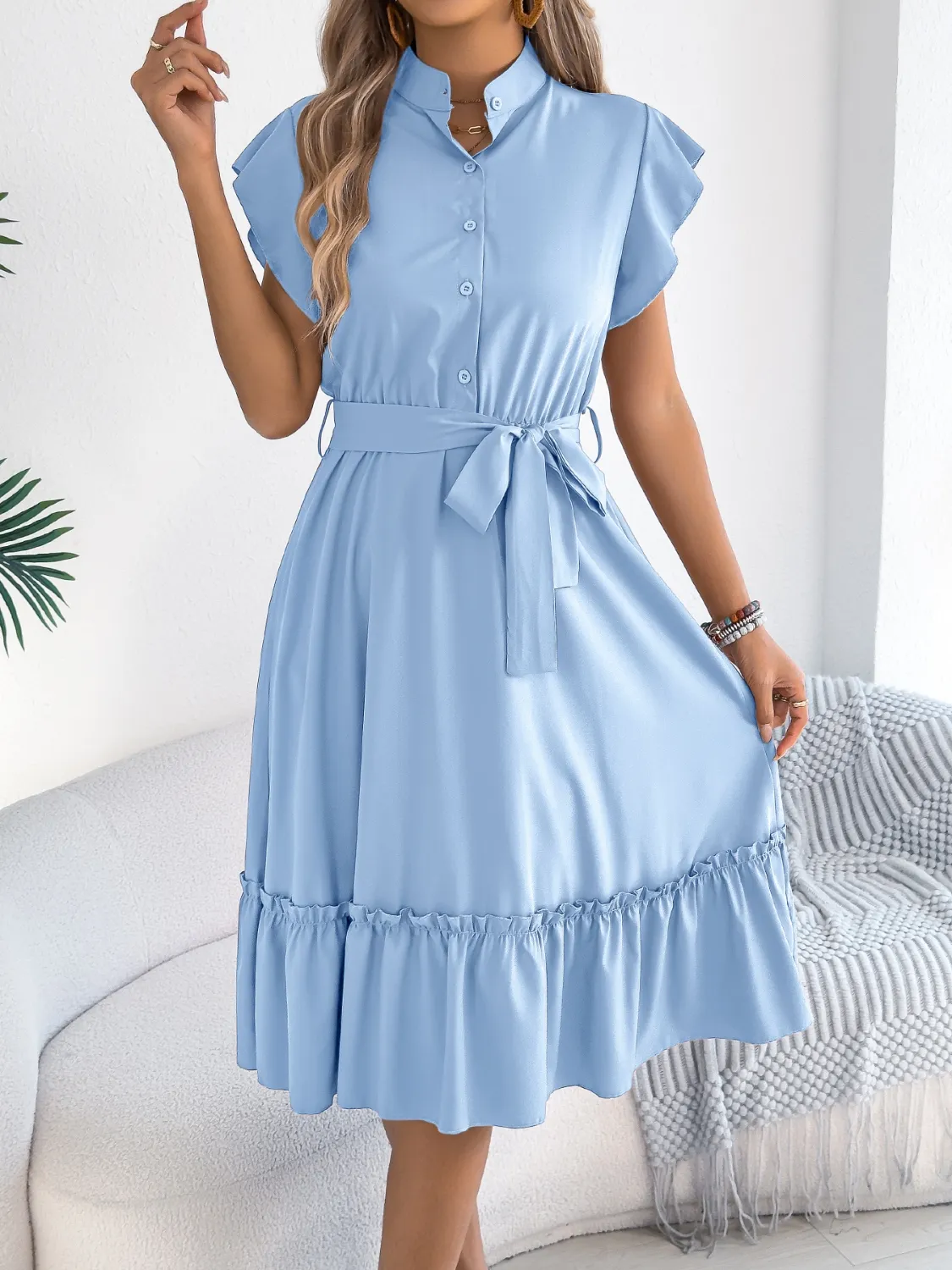 Tie Waist Ruffled Cap Sleeve Dress - Image 4