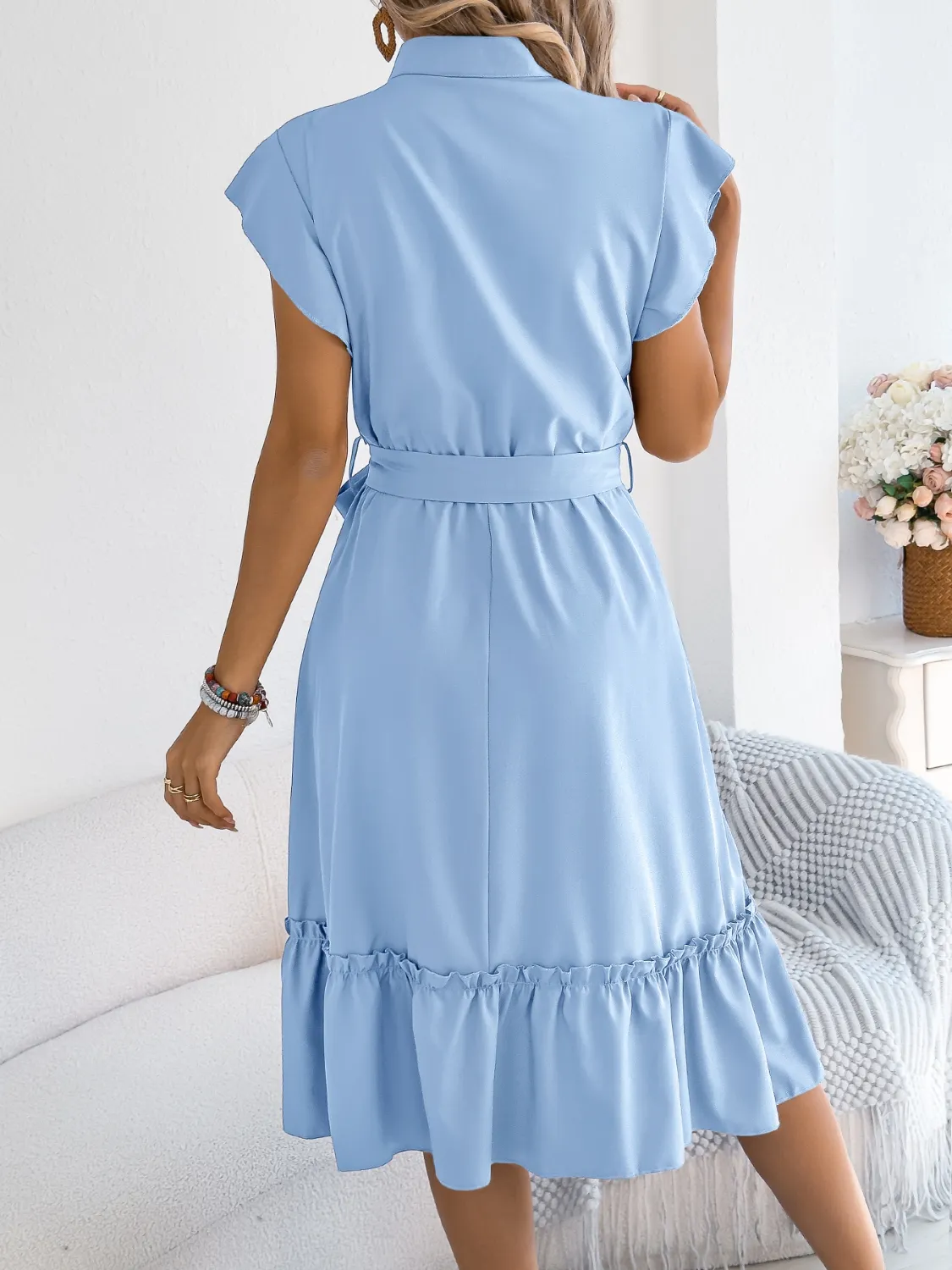 Tie Waist Ruffled Cap Sleeve Dress - Image 5
