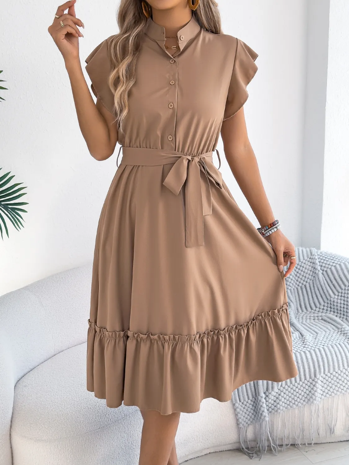 Tie Waist Ruffled Cap Sleeve Dress - Image 7