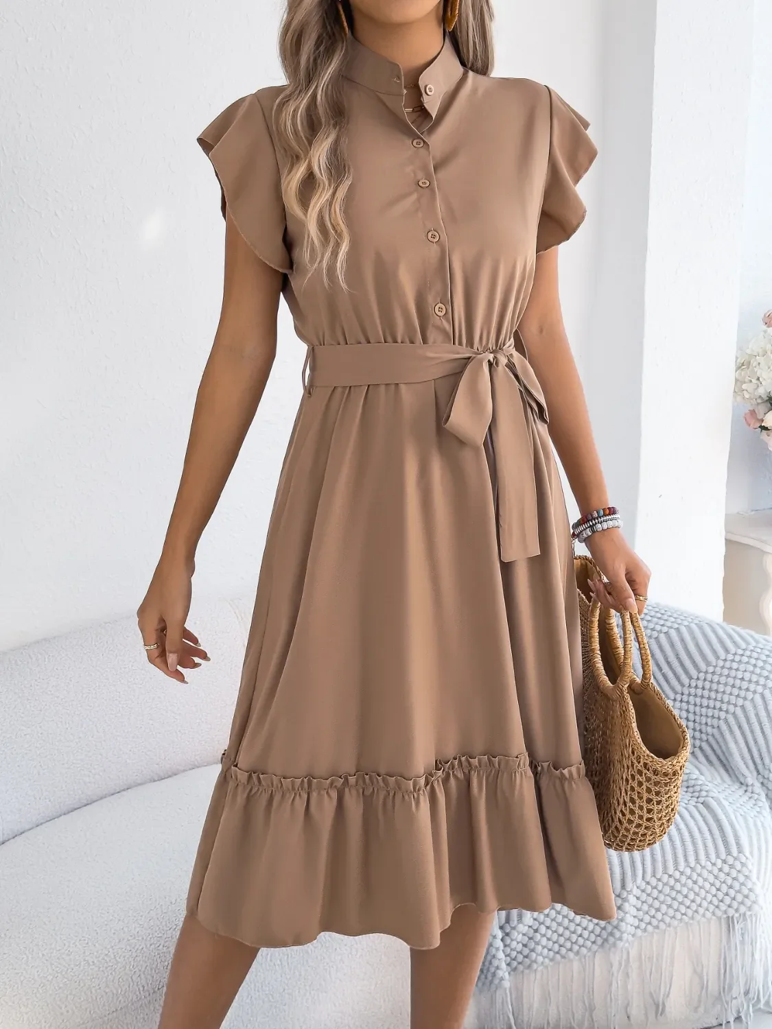 Tie Waist Ruffled Cap Sleeve Dress - Image 8