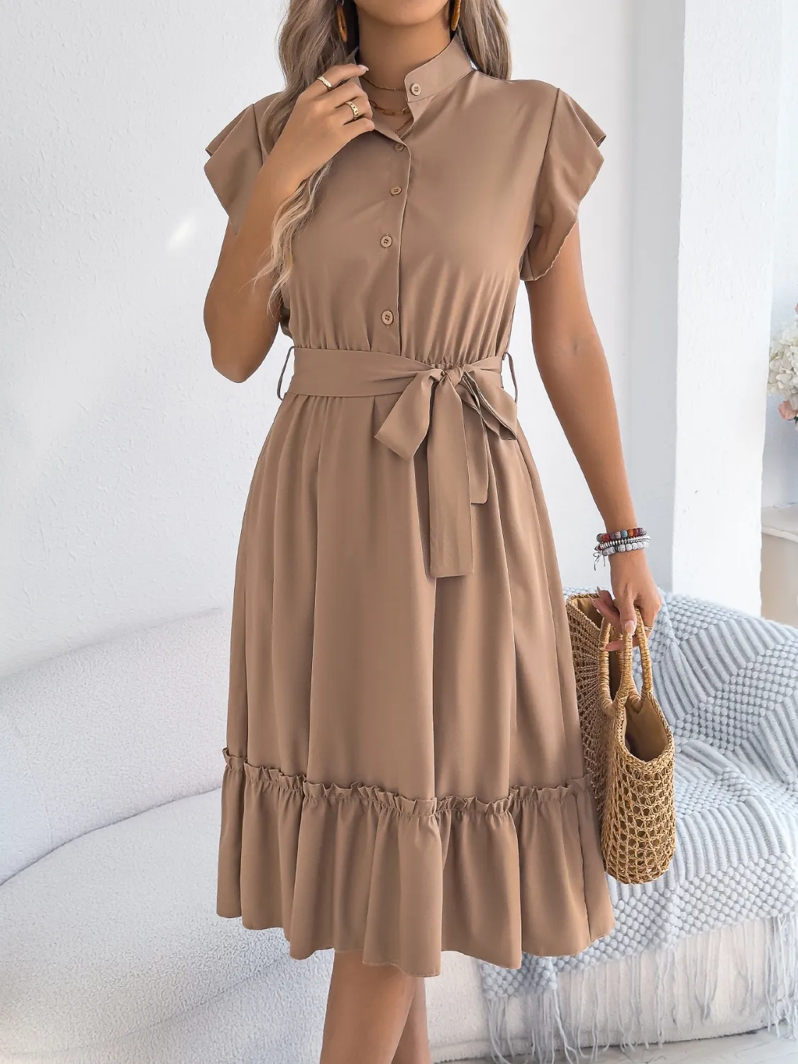 Tie Waist Ruffled Cap Sleeve Dress - Image 9