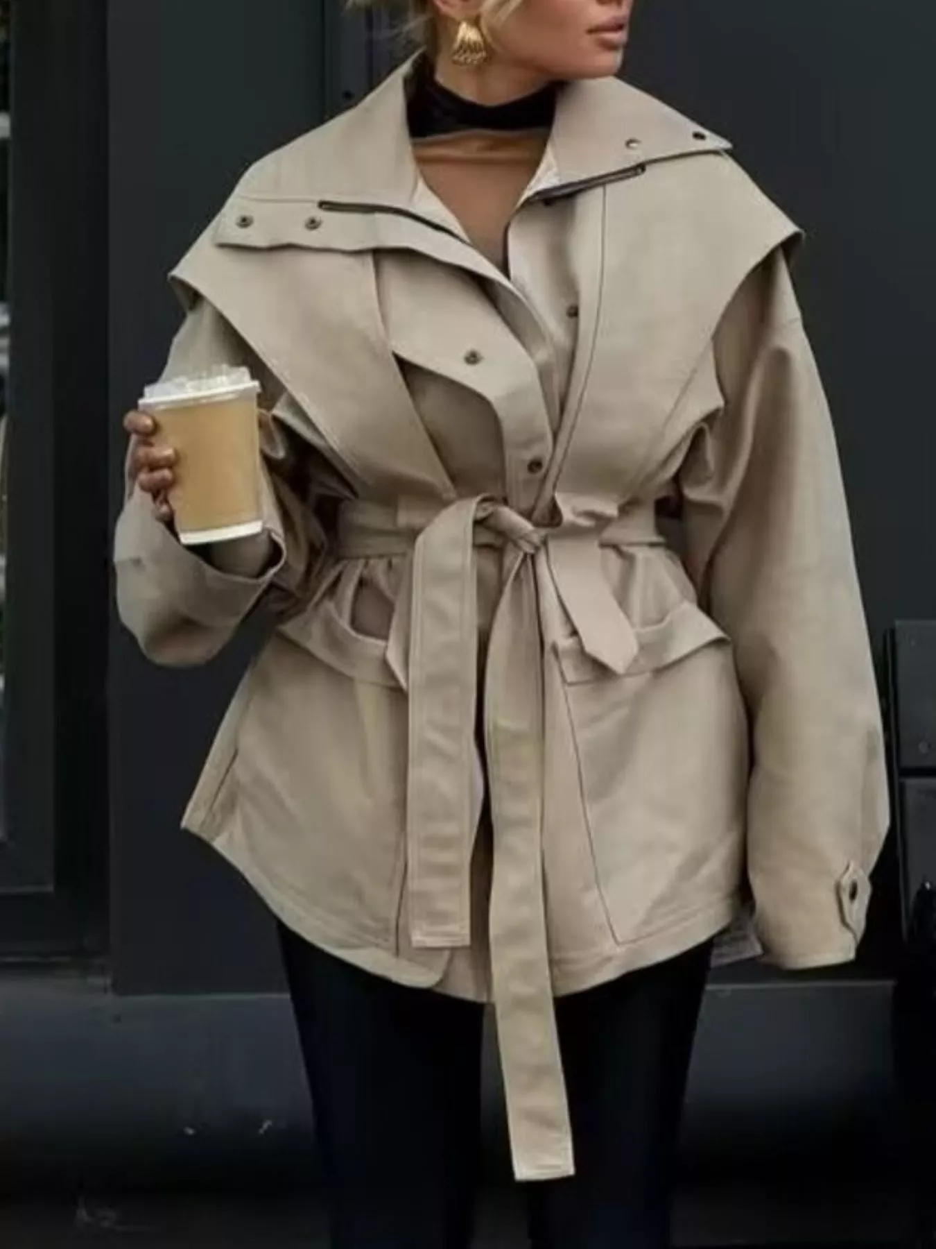 Tie Waist Snap Down Trench Coat - Image 5