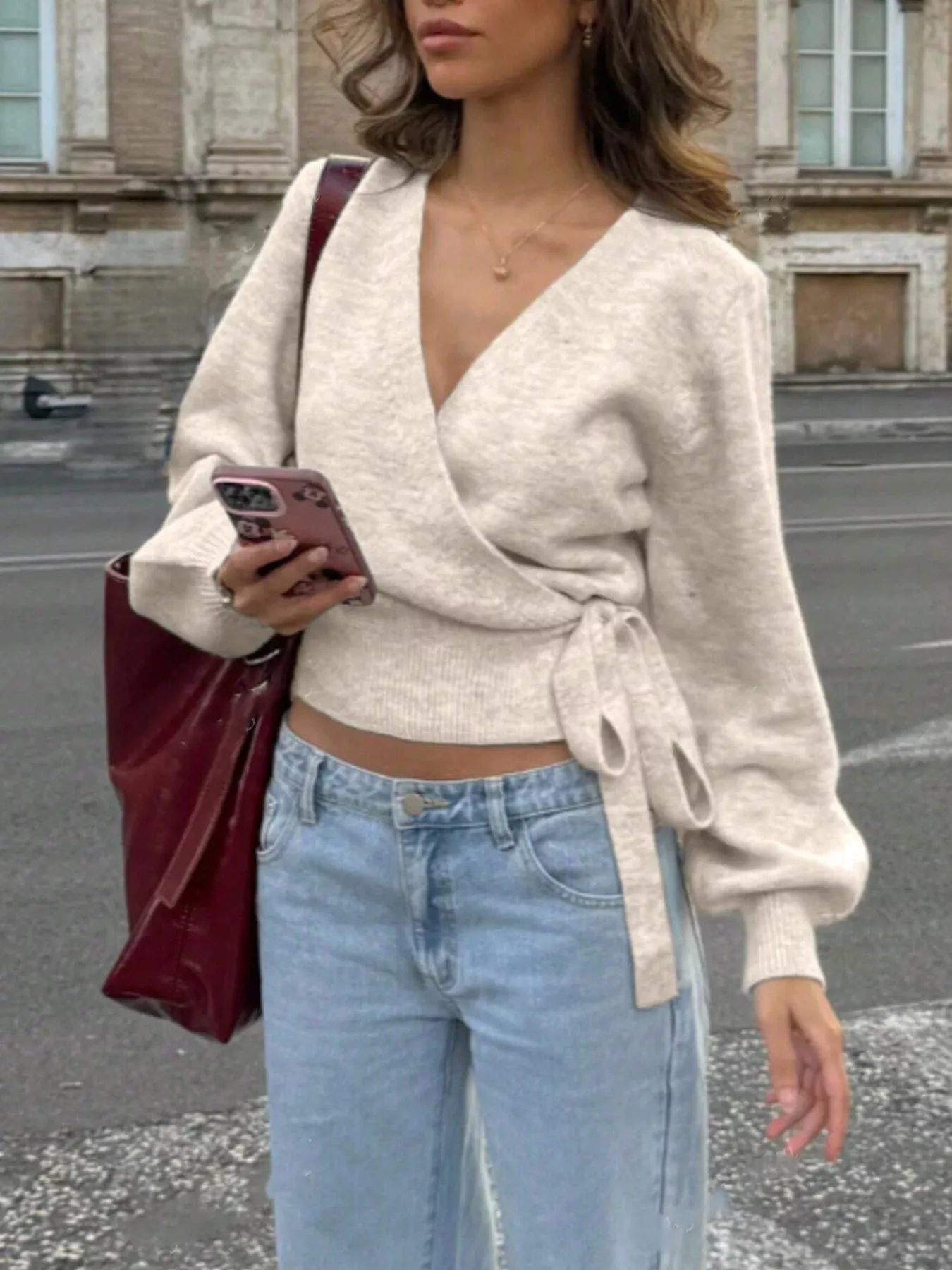 Tie Waist Surplice Sweater - Image 7